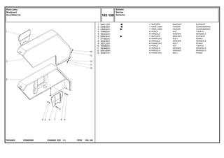 ED96Z008
T0234002
1
2
3
4
5
6
7
8
9
10
11
12
13
068113S1
036935S1
036934S1
338600X1
353432X1
068034S1
377563X1
353439X1
353723X1
355565X1
353446X1
829185M1
353677X1
1
1
1
8
8
1
8
8
8
4
4
8
4
BRACKET SOPORTE
FENDER GUARDABARRO
FENDER GUARDABARRO
NUT TUERCA
WASHER ARANDELA
BRACKET SOPORTE
BOLT PERNO
WASHER ARANDELA
BOLT PERNO
NUT TUERCA
WASHER ARANDELA
WASHER ARANDELA
BOLT PERNO
SUPORTE
PÁRA-LAMA
PÁRA-LAMA
PORCA
ARRUELA
SUPORTE
PARAFUSO
ARRUELA
PARAFUSO
PORCA
ARRUELA
ARRUELA
PARAFUSO
C026502 E03 12/05
(1)
Estreito
Narrow
Estrecho
105 180
Para-Lama
Mudguard
Guardabarros
105 180
-
Menu Símbolos
 