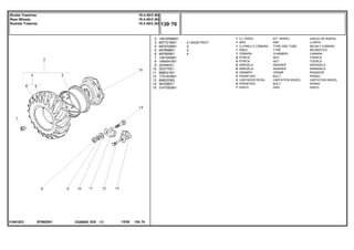 14X30 PAVT
EF86Z001
21481523
2
3
4
5
6
7
8
9
10
11
12
13
14
15
1481659M91
897721M91
487870M91
487868M1
487869M1
1481045M1
1484541M1
353440X1
353775X1
898021M1
1751403M1
898022M2
363296X1
3147093M1
1
1
1
1
1
8
5
5
5
5
2
2
5
1
2
2
4
4
KIT, WHEEL JUEGO DE RUEDA
RIM LLANTA
TYRE AND TUBE NEUM.Y.CAMARA
TYRE NEUMATICO
CHAMBER CAMARA
NUT TUERCA
NUT TUERCA
WASHER ARANDELA
WASHER ARANDELA
CRAMP PASADOR
BOLT PERNO
LIMITATION WHEEL LIMITATION WHEEL
BOLT PERNO
DISC DISCO
CJ. RODA
ARO
CJ.PNEU E CÂMARA
PNEU
CÂMARA
PORCA
PORCA
ARRUELA
ARRUELA
GRAMPO
PARAFUSO
LIMITADOR RODA
PARAFUSO
DISCO
C026502 E03 12/05
(1)
130 70
18.4-30r2 (6l)
18.4-30r2 (6l)
18.4-30r2 (6l)
Rodas Traseiras
Rear Wheels
Ruedas Traseras
130 70
-
Menu Símbolos
 