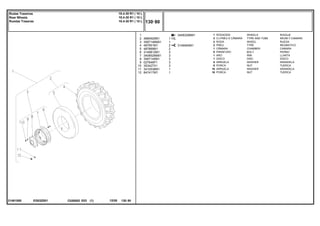 10L
EG03Z001
21481550
3408329M91
3149493M1
1
2
3
4
5
6
7
8
9
10
11
12
488092M91
3587146M91
487951M1
487869M1
3149812M1
3408526M91
3587145M1
027646P1
353427X1
3410536M1
847417M1
1
2
2
2
1
8
1
1
8
8
16
16
1
1
2
2
3
3
3
3
3
1
1
WHEELS RODAJE
TYRE AND TUBE NEUM.Y.CAMARA
WHEEL RUEDA
TYRE NEUMATICO
CHAMBER CAMARA
BOLT PERNO
RIM LLANTA
DISC DISCO
WASHER ARANDELA
NUT TUERCA
WASHER ARANDELA
NUT TUERCA
RODAGEM
CJ.PNEU E CÂMARA
RODA
PNEU
CÂMARA
PARAFUSO
ARO
DISCO
ARRUELA
PORCA
ARRUELA
PORCA
C026502 E03 12/05
(1)
130 80
18.4-30 R1 ( 10 L )
18.4-30 R1 ( 10 L )
18.4-30 R1 ( 10 L )
Rodas Traseiras
Rear Wheels
Ruedas Traseras
130 80
-
Menu Símbolos
 