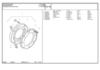 5/8x18x3"
5/8x18x1.3/4
33.5X17X3.75
5/8x18
5/8x18
33.5X17X3.75
EF52Z001
23308247
3149180M91
1
2
3
4
5
6
7
8
9
353870X1
353864X1
3585377M1
353429X1
353429X1
3585377M1
2801403M1
3149851M1
1
16
8
16
8
16
16
4
2
1
1
1
1
1
1
1
1
WEIGHT PESA
BOLT PERNO
BOLT PERNO
WASHER ARANDELA
NUT TUERCA
NUT TUERCA
WASHER ARANDELA
WEIGHT PESA
ADAPTOR ADAPTADOR
PESO
PARAFUSO
PARAFUSO
ARRUELA
PORCA
PORCA
ARRUELA
PESO
ADAPTADOR
C026502 E03 12/05
(1)
130 155
2 + 2 X 52 Kgf
2 + 2 X 52 Kgf
2 + 2 X 52 Kgf
Peso Da Roda Traseira
Rear Wheel Weights
Contrapesos De La Roda Trasera
130 155
-
Menu Símbolos
 