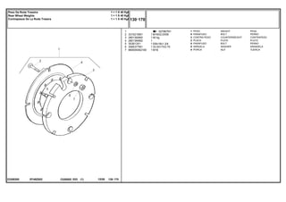 M16X2,0X58
40 kg
5/8x18x1.3/4
33.5X17X3.75
M16
EF48Z002
23308265
027967N1
1
2
3
4
5
6
7
3315210M1
2801392M2
2801394M2
353613X1
3585377M1
880009362160
1
8
2
2
8
8
8
1
1
1
1
1
1
WEIGHT PESA
BOLT PERNO
COUNTERWEIGHT CONTRAPESO
PLATE PLATO
BOLT PERNO
WASHER ARANDELA
NUT TUERCA
PESO
PARAFUSO
CONTRA PESO
PLACA
PARAFUSO
ARRUELA
PORCA
C026502 E03 12/05
(1)
130 170
1 + 1 X 40 Kgf
1 + 1 X 40 Kgf
1 + 1 X 40 Kgf
Peso Da Roda Traseira
Rear Wheel Weights
Contrapesos De La Roda Trasera
130 170
-
Menu Símbolos
 