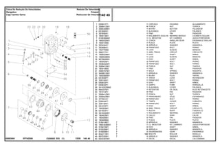 EP74Z006
055830N1
1
2
3
4
5
6
7
8
9
10
11
12
13
14
15
16
17
18
19
20
21
22
23
24
25
26
27
28
29
30
31
32
33
34
35
36
37
38
39
40
41
42
43
44
45
46
47
48
49
50
055831P1
3589412M1
3585348M1
051650S1
357659X1
195513M1
518938M92
1865530M1
184012M4
353434X1
362686X1
184770M2
366317X1
1868539M1
1868538M4
907962M91
180002M1
3408222M1
3589412M1
180418M2
3585797M1
3409613M1
1692580M1
051655P1
339124X1
055833P1
055832P1
3410533M92
894307M1
191314P1
3589412M1
3589429M1
377561X1
039434P1
339139X1
051372P1
195363M1
051653P1
3410432M1
180403M1
180409M1
180408M2
518414M1
1860308M91
518415M1
516526M1
516509M1
834211M1
897020M1
6203307M1
1
6
1
1
1
1
1
1
1
3
4
1
1
1
1
1
2
3
3
1
1
1
1
1
1
1
1
1
1
2
7
7
6
1
6
1
2
1
1
1
2
1
2
1
3
6
3
144
3
1
7
7
7
7
7
7
7
HOUSING ALOJAMIENTO
NUT TUERCA
BUTTON PULSADOR
LEVER PALANCA
PIN PASADOR
BEARING NEEDLE COJINETA AGUJAS
KIT, CARRIER JUEGO PORTADOR
ANNULAR GEAR ENGRANAJE ANULAR
PLATE PLATO
WASHER ARANDELA
BOLT PERNO
SLEEVE MANCHA
CIRCLIP CIRCULITO
SHAFT ARBOL
SLEEVE MANCHA
SHAFT ARBOL
BOLT PERNO
BOLT PERNO
NUT TUERCA
PIN PASADOR
SPRING RESORTE
WASHER ARANDELA
PLUG TAPON
LOCK RETENEDOR
BOLT PERNO
SHAFT ARBOL
FORK HORQUILLA
LEVER PALANCA
OIL SEAL BUJE RETENACEITE
PIN PASADOR
NUT TUERCA
STUD ESPARRAGO
BOLT PERNO
COVER CUBIERTA
BOLT PERNO
SHAFT ARBOL
CIRCLIP CIRCULITO
BUSH CASQUILLO
BEARING COJINETE
SHIM CALCE
PIN PASADOR
PLATE PLATO
WASHER ARANDELA
KIT, CARRIER JUEGO PORTADOR
SHAFT ARBOL
WASHER ARANDELA
GEAR ENGRANAJE
ROLLER RODILLO
WASHER ARANDELA
DECAL CALCOMANIA
CARCAÇA
PORCA
BOTÃO
ALAVANCA
PINO
ROLAMENTO AGULHA
CJ. REDUTOR
COROA
PLACA
ARRUELA
PARAFUSO
LUVA
ANEL TRAVA
EIXO
LUVA
EIXO
PARAFUSO
PARAFUSO
PORCA
PINO
MOLA
ARRUELA
BUJÃO
TRAVA
PARAFUSO
EIXO
GARFO
ALAVANCA
RETENTOR
PINO
PORCA
PRISIONEIRO
PARAFUSO
TAMPA
PARAFUSO
EIXO
ANEL TRAVA
BUCHA
ROLAMENTO
CALÇO
PINO
PLACA
ARRUELA
CJ. REDUTOR
EIXO
ARRUELA
ENGRENAGEM
ROLETE
ARRUELA
DECAL
C026502 E03 12/05
(1)
140 40
Redutor De Velocidade
Creeper
Reducción De Velociad
Caixa De Redução De Velocidades
Rangebox
Caja Cambio Gama
140 40
-
Menu Símbolos
 
