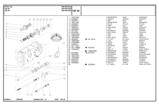 EI58Z001
T0289014
50-140 No
30-80 No
1868003M91
022199T1
022346N1
1
2
3
4
5
6
7
8
9
10
11
12
13
14
15
16
17
18
19
20
21
22
23
24
25
26
27
28
29
1679310M1
532882M1
339470X1
1660713M1
532889M1
532891M1
352699X1
3598999M1
391162X1
831581M2
532877M92
3599000M1
1662726M1
028362N1
1868538M4
3149348M1
035678T1
3611135M1
3611134M93
1004633M1
831220M1
532876M2
1663312M1
1679306M1
842921M1
842922M1
3008359X1
1
1
1
1
1
1
1
1
1
1
1
1
1
1
1
2
1
1
1
1
1
2
1
1
1
1
2
1
1
GEAR ENGRANAJE
WASHER ARANDELA
RING ARO
GEAR ENGRANAJE
COLLAR COLLAR
HUB CUBO
CIRCLIP CIRCULITO
SLEEVE MANCHA
BEARING COJINETE
CIRCLIP CIRCULITO
PIPE CANO
SHAFT ARBOL
CIRCLIP CIRCULITO
KIT, AXLE JUEGO DE EJE
SLEEVE MANCHA
PLATE CHAPA
COVER CUBIERTA
SEAL RETEN
SLEEVE MANCHA
O RING JUNTA TORICA
CLUTCH EMBRAGUE
BEARING COJINETE
SPACER PIEZA DISTANCIA
WASHER ARANDELA
GEAR ENGRANAJE
BEARING COJINETE
BEARING COJINETE
O RING JUNTA TORICA
KIT, CAP JUEGO DE TAPON
ENGRENAGEM
ARRUELA
ANEL
ENGRENAGEM
COLAR
CUBO
ANEL TRAVA
LUVA
ROLAMENTO
ANEL TRAVA
TUBO
EIXO
ANEL TRAVA
CJ. EIXO
LUVA
CHAPA
TAMPA
RETENTOR
LUVA
ANEL "O"
EMBREAGEM
ROLAMENTO
ESPAÇADOR
ARRUELA
ENGRENAGEM
ROLAMENTO
ROLAMENTO
ANEL "O"
CJ. TAMPA
C026502 E03 12/05
(1)
140 45
540/1000 Rpm
540/1000 Rpm
540/1000 Rpm
Kit Da Tdp
Tdp Kit
Tdp Kit
140 45
-
Menu Símbolos
 