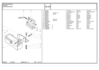 3/8x24x1.1/4
3/8x16
M10x1,50
3/8x16x1"
EH31Z001
T0289039
1
2
3
4
5
6
7
8
9
10
11
12
13
14
15
16
17
18
036983P1
027964N1
353810X1
355566X1
353434X1
353756X1
339534X1
353434X1
339402X1
353691X1
3149635M93
036335T1
036336T1
3587610M91
027988P1
3149803M1
3149804M1
3149636M2
1
1
2
2
2
2
2
2
2
2
1
1
1
1
2
1
1
1
2
2
11
11
11
BRACKET SOPORTE
TOOL BOX CAJA HERRAMIENTA
BOLT PERNO
NUT TUERCA
WASHER ARANDELA
WASHER ARANDELA
WASHER ARANDELA
WASHER ARANDELA
NUT TUERCA
BOLT PERNO
WHEEL KEY LLAVE DE RUEDA
SHOES ZAPATAS
HOSE FLEXIBLE
BOX CAJA
FOAM ESPUMA
PIPE CANO
BAR BARRA
WHEEL KEY LLAVE DE RUEDA
SUPORTE
CX. FERRAMENTAS
PARAFUSO
PORCA
ARRUELA
ARRUELA
ARRUELA
ARRUELA
PORCA
PARAFUSO
CHAVE DE RODA
ENGRAXADEIRA
MANGUEIRA
CAIXA
GUARNIÇÃO
TUBO
BARRA
CHAVE DE RODA
C026502 E03 12/05
(1)
140 125
Caixa De Ferramentas
Tools Box
Caja De Herramientas
140 125
-
Menu Símbolos
 