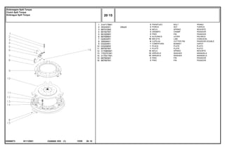 3/8x24
N111Z001
026566T3
1
2
3
4
5
6
7
8
9
10
11
12
13
14
15
16
3147178M1
353430X1
887910M2
891827M1
891826M1
887898M1
022634R1
354048X1
033204R1
033206R2
887907M1
3176865M1
1753751M1
3175517M1
887893M1
887897M1
3
3
3
3
3
3
18
6
1
1
1
12
12
12
3
3
BOLT PERNO
NUT TUERCA
SPRING RESORTE
CRAMP PASADOR
PIN PASADOR
LEVER PALANCA
LINK CONEXION
COTTER PIN PASADOR DOUBLE
BONNET CAPOT
PLATE PLATO
PLATE PLATO
SPRING RESORTE
WASHER ARANDELA
WASHER ARANDELA
PIN PASADOR
PIN PASADOR
PARAFUSO
PORCA
MOLA
GRAMPO
PINO
ALAVANCA
BIELETA
CUPILHA
COBERTURA
PLACA
PLATÔ
MOLA
ARRUELA
ARRUELA
PINO
PINO
C026502 E03 12/05
(1)
20 15
Embreagem Split Torque
Clutch Split Torque
Embrague Split Torque
20 15
-
Menu Símbolos
 