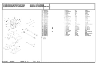 N330Z001
6211819M91
[A] FREIO
BRAKE
FRENO
1
2
3
4
5
6
7
8
9
10
11
12
13
14
15
16
17
17
18
19
20
21
22
23
24
069676X1
3589429M1
069676X1
3408222M1
191314M1
069676X1
3589429M1
069676X1
377561X1
069676X1
3589428M1
069676X1
377563X1
055830N1
062924S1
062957S1
052348S1
033591S1
057785P1
069223S1
054364N1
063325P1
063323P1
054361P1
057380T1
2
2
3
3
2
3
3
18
18
2
2
3
3
1
1
1
1
1
1
1
1
1
1
1
1
[A]
NUT TUERCA
STUD ESPARRAGO
NUT TUERCA
BOLT PERNO
PIN PASADOR
NUT TUERCA
STUD ESPARRAGO
NUT TUERCA
BOLT PERNO
NUT TUERCA
STUD ESPARRAGO
NUT TUERCA
BOLT PERNO
KIT, CARRIER JUEGO PORTADOR
PEDAL PEDAL
BRACKET SOPORTE
FOOT REST REPOSAPIES
FOOT REST REPOSAPIES
FOOT REST REPOSAPIES
TABLE MESA
KIT, ROD JUEGO DE BIELAS
PIPE CANO
PIPE,OIL MANGUITO ACEITE
GUARD DEFENSA
KIT, AXLE JUEGO DE EJE
PORCA
PRISIONEIRO
PORCA
PARAFUSO
PINO
PORCA
PRISIONEIRO
PORCA
PARAFUSO
PORCA
PRISIONEIRO
PORCA
PARAFUSO
CJ. REDUTOR
PEDAL
SUPORTE
SOLEIRA
SOLEIRA
SOLEIRA
PLATAFORMA
CJ. TIRANTE
TUBO
TUBO
PROTEÇÃO
CJ. EIXO
C026502 E03 12/05
(1)
140 210
Advanced 4 Rm Sem Espaçador
Advanced 4 Wd Without Spacer
Advanced 4 Rm Sin Espaciador
Kit Creeper Epicíclico Leve Sem Controle Remoto
Kit Creeper Epicyclic Light Without Remot Control
Kit Creeper Epicicloidal Leve Sin Control Remoto
140 210
-
Menu Símbolos
 