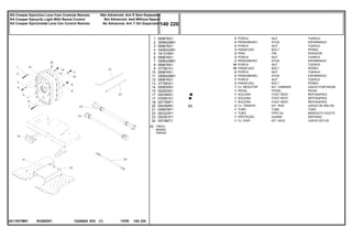 N338Z001
6211827M91
[A] FREIO
BRAKE
FRENO
1
2
3
4
5
6
7
8
9
10
11
12
13
14
15
17
17
18
20
21
22
23
24
069676X1
3589429M1
069676X1
3408222M1
191314M1
069676X1
3589429M1
069676X1
377561X1
069676X1
3589428M1
069676X1
377563X1
055830N1
062924S1
052348S1
033591S1
057785P1
054364N1
058976P1
063323P1
054361P1
057380T1
2
2
3
3
2
3
3
18
18
2
2
3
3
1
1
1
1
1
2
1
1
1
1
[A]
NUT TUERCA
STUD ESPARRAGO
NUT TUERCA
BOLT PERNO
PIN PASADOR
NUT TUERCA
STUD ESPARRAGO
NUT TUERCA
BOLT PERNO
NUT TUERCA
STUD ESPARRAGO
NUT TUERCA
BOLT PERNO
KIT, CARRIER JUEGO PORTADOR
PEDAL PEDAL
FOOT REST REPOSAPIES
FOOT REST REPOSAPIES
FOOT REST REPOSAPIES
KIT, ROD JUEGO DE BIELAS
TUBE TUBO
PIPE,OIL MANGUITO ACEITE
GUARD DEFENSA
KIT, AXLE JUEGO DE EJE
PORCA
PRISIONEIRO
PORCA
PARAFUSO
PINO
PORCA
PRISIONEIRO
PORCA
PARAFUSO
PORCA
PRISIONEIRO
PORCA
PARAFUSO
CJ. REDUTOR
PEDAL
SOLEIRA
SOLEIRA
SOLEIRA
CJ. TIRANTE
TUBO
TUBO
PROTEÇÃO
CJ. EIXO
C026502 E03 12/05
(1)
140 220
Não Advanced, 4rm E Sem Espaçador
Not Advanced, 4wd Without Spacer
No Advanced, 4rm Y Sin Espaciador
Kit Creeper Epicíclico Leve Com Controle Remoto
Kit Creeper Epicyclic Light With Remot Control
Kit Creeper Epicicloidal Leve Con Control Remoto
140 220
-
Menu Símbolos
 