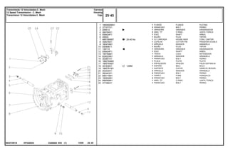 EP32Z024
063272N1A
25-40 No
12MM
1
2
3
4
5
6
7
8
9
10
11
12
13
14
15
16
17
18
19
20
21
22
23
24
25
1860890M91
377477X1
29951X
364784X1
058424P1
2950X
488156M97
354076X1
180474M1
050698T1
13811X
058424P1
184789M1
828020M1
353691X1
1860764M2
1860765M1
391838X1
1860761M1
353434X1
362443X1
886719M1
180002M1
886089M1
377480X1
1
3
1
2
1
1
1
1
1
1
1
1
1
1
1
1
1
1
1
2
2
1
2
1
1
FLANGE PLETINA
BOLT PERNO
GREASER ENGRASADOR
O RING JUNTA TORICA
SHAFT ARBOL
PLUG TAPON
HOUSE ASSY CONJ. CARTER
COTTER PIN PASADOR DOUBLE
WASHER ARANDELA
PLUG TAPON
GREASER ENGRASADOR
SHAFT ARBOL
LOCK RETENEDOR
WASHER ARANDELA
BOLT PERNO
PLATE PLATO
SPACER PIEZA DISTANCIA
BALL BOLA
CLEVIS GANCHO SEGURI.
WASHER ARANDELA
BOLT PERNO
FORK HORQUILLA
BOLT PERNO
O RING JUNTA TORICA
BOLT PERNO
FLANGE
PARAFUSO
GRAXEIRA
ANEL "O"
EIXO
BUJÃO
CJ. CARCAÇA
CUPILHA
ARRUELA
BUJÃO
GRAXEIRA
EIXO
TRAVA
ARRUELA
PARAFUSO
PLACA
ESPAÇADOR
ESFERA
SUPORTE
ARRUELA
PARAFUSO
GARFO
PARAFUSO
ANEL "O"
PARAFUSO
C026502 E03 12/05
(1)
25 45
Carcaça
Housing
Caja
Transmissão 12 Velocidades-C. Mesh
12 Speed Transmission - C. Mesh
Transmision 12 Velocidades-C. Mesh
25 45
-
Menu Símbolos
 