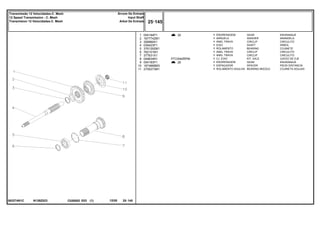 PTO/540RPM
N126Z023
063274N1C
30
26
1
2
3
4
5
6
7
8
9
10
11
054184P1
1677742M1
358969X1
039423P1
3761292M1
762101M1
377631X1
049834N1
054183P1
1674668M3
2700273M1
1
1
1
1
1
1
1
1
1
1
1
GEAR ENGRANAJE
WASHER ARANDELA
CIRCLIP CIRCULITO
SHAFT ARBOL
BEARING COJINETE
CIRCLIP CIRCULITO
CIRCLIP CIRCULITO
KIT, AXLE JUEGO DE EJE
GEAR ENGRANAJE
SPACER PIEZA DISTANCIA
BEARING NEEDLE COJINETA AGUJAS
ENGRENAGEM
ARRUELA
ANEL TRAVA
EIXO
ROLAMENTO
ANEL TRAVA
ANEL TRAVA
CJ. EIXO
ENGRENAGEM
ESPAÇADOR
ROLAMENTO AGULHA
C026502 E03 12/05
(1)
25 145
Árvore De Entrada
Input Shaft
Arbol De Entrada
Transmissão 12 Velocidades-C. Mesh
12 Speed Transmission - C. Mesh
Transmision 12 Velocidades-C. Mesh
25 145
-
Menu Símbolos
 