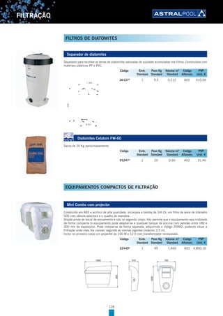 128
FILTRAÇÃO
Separador de diatomites
Separador para recolher as terras de diatomites saturadas de sujidade acumuladas nos filtros. Construídos com
materiais plásticos PP e PVC.
20127A
1 9,5 0,112 A03 510,00
Diatomites Celatom FW-60
Sacos de 20 Kg aproximadamente.
03247A
1 20 0,60 A03 91,46
EQUIPAMENTOS COMPACTOS DE FILTRAÇÃO
Mini Combo com projector
Construído em ABS e acrílico de alta qualidade. Incorpora a bomba de 3/4 CV, um filtro de areia de diâmetro
500 com válvula selectora e o quadro de manobra.
Dispõe ainda de bocal de escoamento e ralo no segundo corpo. Isto permite que o equipamento seja instalado
de forma compacta (o equipamento pode adaptar-se a qualquer tanque de piscina com paredes entre 180 e
300 mm de espessura). Pode instalar-se de forma separada, adquirindo o código 25900, podendo situar a
Filtração onde mais lhe convier, segundo as normas vigentes (máximo 3,5 m).
Inclui no primeiro corpo um projector de 100 W e 12 V com transformador incorporado.
22440A
1 95 1,460 A03 4.850,10
Código Emb. Peso Kg Volume m3
Código PVP
Standard Standard Standard Alfanum. Unit. €
400
Ø 322
60
690
Código Emb. Peso Kg Volume m3
Código PVP
Standard Standard Standard Alfanum. Unit. €
Código Emb. Peso Kg Volume m3
Código PVP
Standard Standard Standard Alfanum. Unit. €
FILTROS DE DIATOMITES
 