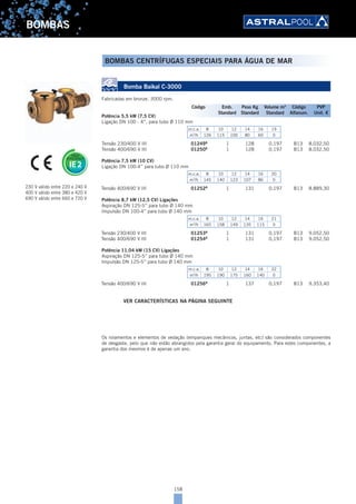 158
BOMBAS
BOMBAS CENTRÍFUGAS ESPECIAIS PARA ÁGUA DE MAR
Bomba Baikal C-3000
Fabricadas em bronze. 3000 rpm.
Potência 5,5 kW (7,5 CV)
Ligação DN 100 - 4”, para tubo Ø 110 mm
m.c.a. 8 10 12 14 16 19
m3
/h 126 115 100 80 60 0
Tensão 230/400 V III 01249B
1 128 0,197 B13 8.032,50
Tensão 400/690 V III 01250B
1 128 0,197 B13 8.032,50
Potência 7,5 kW (10 CV)
Ligação DN 100-4” para tubo Ø 110 mm
m.c.a. 8 10 12 14 16 20
m3
/h 145 140 123 107 86 0
Tensão 400/690 V III 01252B
1 131 0,197 B13 8.889,30
Potência 8,7 kW (12,5 CV) Ligações
Aspiração DN 125-5” para tubo Ø 140 mm
Impulsão DN 100-4” para tubo Ø 140 mm
m.c.a. 8 10 12 14 16 21
m3
/h 165 158 149 135 115 0
Tensão 230/400 V III 01253B
1 131 0,197 B13 9.052,50
Tensão 400/690 V III 01254B
1 131 0,197 B13 9.052,50
Potência 11,04 kW (15 CV) Ligações
Aspiração DN 125-5” para tubo Ø 140 mm
Impulsão DN 125-5” para tubo Ø 140 mm
m.c.a. 8 10 12 14 16 22
m3
/h 195 190 175 160 140 0
Tensão 400/690 V III 01256B
1 137 0,197 B13 9.353,40
VER CARACTERÍSTICAS NA PÁGINA SEGUINTE
Os rolamentos e elementos de vedação (empanques mecânicos, juntas, etc) são considerados componentes
de desgaste, pelo que não estão abrangidos pela garantia geral do equipamento. Para estes componentes, a
garantia dos mesmos é de apenas um ano.
230 V válido entre 220 e 240 V
400 V válido entre 380 e 420 V
690 V válido entre 660 e 720 V
Código Emb. Peso Kg Volume m3
Código PVP
Standard Standard Standard Alfanum. Unit. €
 