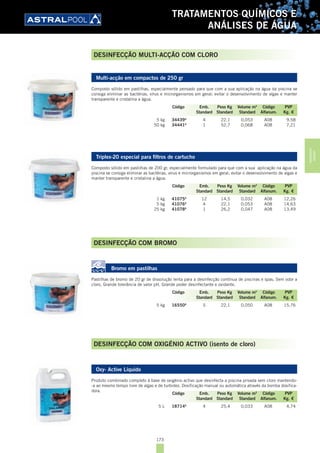 173
TRATAMENTOS QUÍMICOS E
ANÁLISES DE ÁGUA
Multi-acção em compactos de 250 gr
Composto sólido em pastilhas, especialmente pensado para que com a sua aplicação na água da piscina se
consiga eliminar as bactérias, vírus e microrganismos em geral; evitar o desenvolvimento de algas e manter
transparente e cristalina a água.
5 kg 34439A
4 22,1 0,053 A08 9,58
50 kg 34441A
1 52,7 0,068 A08 7,21
Triplex-20 especial para filtros de cartucho
Composto sólido em pastilhas de 200 gr, especialmente formulado para que com a sua aplicação na água da
piscina se consiga eliminar as bactérias, vírus e microrganismos em geral; evitar o desenvolvimento de algas e
manter transparente e cristalina a água.
1 kg 41075A
12 14,5 0,032 A08 12,26
5 kg 41076A
4 22,1 0,053 A08 14,63
25 kg 41078A
1 26,2 0,047 A08 13,49
DESINFECÇÃO COM BROMO
Bromo em pastilhas
Pastilhas de bromo de 20 gr de dissolução lenta para a desinfecção contínua de piscinas e spas. Sem odor a
cloro. Grande tolerância de valor pH. Grande poder desinfectante e oxidante.
5 kg 16550A
5 22,1 0,050 A08 15,76
DESINFECÇÃO COM OXIGÉNIO ACTIVO (isento de cloro)
Oxy- Active Líquido
Produto combinado completo à base de oxigénio activo que desinfecta a piscina privada sem cloro mantendo-
-a ao mesmo tempo livre de algas e de turbidez. Dosificação manual ou automática através da bomba dosifica-
dora.
5 L 18714A
4 25,4 0,033 A08 4,74
Código Emb. Peso Kg Volume m3
Código PVP
Standard Standard Standard Alfanum. Kg. €
Código Emb. Peso Kg Volume m3
Código PVP
Standard Standard Standard Alfanum. Kg. €
Código Emb. Peso Kg Volume m3
Código PVP
Standard Standard Standard Alfanum. Kg. €
Código Emb. Peso Kg Volume m3
Código PVP
Standard Standard Standard Alfanum. Kg. €
DESINFECÇÃO MULTI-ACÇÃO COM CLORO
TRATAMENTOS
QUÍMICOS
 