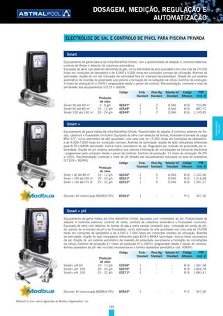 189
DOSAGEM, MEDIÇÃO, REGULAÇÃO E
AUTOMATIZAÇÃO
Smart
Equipamento de gama básica da linha AstralPool Chlore, com a possibilidade de adaptar 2 controlos externos:
controlo de Redox e detector de cobertura automática.
Equipado de série com detector de bolhas de gás, inclui eléctrodos de alta qualidade com uma vida de 10.000
horas em condições de laboratório e de 3.000 a 5.000 horas em condições normais de utilização. Alarmes de
salinidade: dispõe de um led indicador de salinidade fora do intervalo recomendável. Dispõe de um sistema
automático de inversão de polaridade que previne a formação de incrustações na célula. Controlo de produção:
5 níveis de produção (0 a 100%), programável desde o painel de controlo. Recomendação: controlar o nível de
pH através dos equipamentos 57129 e 36004.
Produção
de cloro
Smart 30 até 40 m3
5 - 6 g/h 42347D
1 3 0,046 B16 723,89
Smart 60 até 80 m3
10 - 12 g/h 42348D
1 5 0,046 B16 887,72
Smart 100 até 140 m3
20 - 24 g/h 42349D
1 7 0,046 B16 1.149,85
Smart +
Equipamento de gama média da linha AstralPool Chlore. Possibilidade de adaptar 3 controlos externos de Re-
dox, cobertura e fluxoestato (incluído). Equipado de série com detector de bolhas, fluxostato e tomada de carga
Ø50-1/2'', inclui eléctrodos de alta qualidade, com uma vida de 15.000 horas em condições de laboratório,
e de 4.000-7.000 horas em condições normais. Alarmes de salinidade: dispõe de leds indicadores diferentes
para ALTA e BAIXA salinidade. Indica níveis necessários de sal. Regulação por inversão de polaridade por in-
tensidade. Dispõe de um sistema automático que previne a formação de incrustações na célula de electrólise
- programável pelo utilizador desde o painel de controlo. Controlo de produção: 11 níveis de produção. De 0%
a 100%. Recomendação: controlar o nível de pH através dos equipamentos indicados na zona de acessórios
(57129 + 36004).
Produção
de cloro
Smart + 60 até 80 m3
10 - 12 g/h 42350D
1 5 0,046 B16 1.143,90
Smart + 100 até 140 m3
20 - 24 g/h 42351D
1 7 0,046 B16 1.316,68
Smart + 160 até 170 m3
25 - 32 g/h 42352D
1 9 0,046 B16 1.507,31
Opcional: Kit comunicação MODBUS RTU 60363D
1 - - P11 347,50
Smart + pH
Equipamento de gama média da linha AstralPool Chlore, equipado com controlador de pH. Possibilidade de
adaptar 3 controlos externos: controlo de redox, controlo de cobertura automática e fluxoestato (incluído).
Equipado de série com detector de bolhas de gás e porta sondas compacto para colocação de sonda de pH,
do injector de minorador de pH e do fluxoestato, inclui eléctrodos de alta qualidade com uma vida de 15.000
horas em condições de laboratório e de 4.000 a 7.000 horas em condições normais de utilização. Alarmes
de salinidade: dispõe de leds indicadores diferentes para ALTA e BAIXA salinidade. Indica níveis necessários
de sal. Dispõe de um sistema automático de inversão de polaridade que previne a formação de incrustações
na célula. Controlo de produção:11 níveis de produção (0 a 100%), programável desde o painel de controlo.
Bomba doseadora de pH não incluída (recomenda-se a bomba doseadora peristáltica cód. 40834).
Produção
de cloro
Smart+ pH 60 10 - 12 g/h 52569D
1 - - B16 1.587,38
Smart+ pH 100 20 - 24 g/h 52570D
1 - - B16 1.846,78
Smart+ pH 160 25 - 32 g/h 52571D
1 - - B16 1.883,41
Opcional: Kit comunicação MODBUS RTU 60363D
1 - - P11 347,50
Código Emb. Peso Kg Volume m3
Código PVP
Standard Standard Standard Alfanum. Unit. €
Código Emb. Peso Kg Volume m3
Código PVP
Standard Standard Standard Alfanum. Unit. €
Código Emb. Peso Kg Volume m3
Código PVP
Standard Standard Standard Alfanum. Unit. €
ELECTRÓLISE DE SAL E CONTROLO DE PH/CL PARA PISCINA PRIVADA
Modbus®
é uma marca registrada da Modbus Organization, Inc.
DOSAGEM,MEDIÇÃO,
REGULAÇÃO...
 