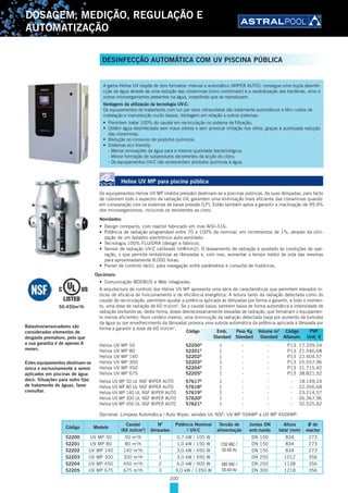 200
DOSAGEM, MEDIÇÃO, REGULAÇÃO E
AUTOMATIZAÇÃO
Heliox UV MP para piscina pública
Os equipamentos Heliox UV MP (média pressão) destinam-se a piscinas públicas. As suas lâmpadas, pelo facto
de cobrirem todo o espectro da radiação UV, garantem uma eliminação mais eficiente das cloraminas quando
em comparação com os sistemas de baixa pressão (LP). Estão também aptos a garantir a inactivação de 99.9%
dos microorganismos, incluindo os resistentes ao cloro.
Novidades:
• Design compacto, com reactor fabricado em inox AISI-316;
• Potência de radiação programável entre 70 a 100% da nominal, em incrementos de 1%, através da utili-
zação de um balastro electrónico auto-ventilado;
• Tecnologia 100% FLUIDRA (design e fabrico);
• Sensor de radiação UV-C calibrado (mW/cm2). O doseamento de radiação é ajustado às condições de ope-
ração, o que permite rentabilizar as lâmpadas e, com isso, aumentar o tempo médio de vida das mesmas
para aproximadamente 8.000 horas;
• Painel de controlo táctil, para navegação entre parâmetros e consulta de históricos.
Opcionais:
• Comunicação MODBUS e Web integradas.
A arquitectura de controlo dos Heliox UV MP apresenta uma série de características que permitem elevados ín-
dices de eficácia de funcionamento e de eficiência energética. A leitura tanto da radiação detectada como do
caudal de recirculação, permitem ajustar a potência aplicada às lâmpadas por forma a garantir, a todo o momen-
to, uma dose de radiação de 60 mJ/cm2
. Se o caudal baixa, também baixa de forma automática a intensidade de
radiação (evitando-se, desta forma, doses desnecessariamente elevadas de radiação, que tornariam o equipamen-
to menos eficiente); Num cenário inverso, uma diminuição da radiação detectada (seja por aumento da turbidez
da água ou por envelhecimento da lâmpada) provoca uma subida automática da potência aplicada à lâmpada por
forma a garantir a dose de 60 mJ/cm2
.
Heliox UV MP 50 52200D
1 - - P13 17.339,24
Heliox UV MP 80 52201D
1 - - P13 21.546,68
Heliox UV MP 140 52202D
1 - - P13 22.404,57
Heliox UV MP 300 52203D
1 - - P13 25.557,96
Heliox UV MP 450 52204D
1 - - P13 31.715,42
Heliox UV MP 675 52205D
1 - - P13 38.821,52
Heliox UV MP 50 UL NSF WIPER AUTO 57617D
1 - - - 18.149,24
Heliox UV MP 80 UL NSF WIPER AUTO 57618D
1 - - - 22.356,68
Heliox UV MP 140 UL NSF WIPER AUTO 57619D
1 - - - 23.214,57
Heliox UV MP 300 UL NSF WIPER AUTO 57620D
1 - - - 26.367,96
Heliox UV MP 450 UL NSF WIPER AUTO 57621D
1 - - - 32.525,42
Código Emb. Peso Kg Volume m3
Código PVP
Standard Standard Standard Alfanum. Unit. €
Opcional: Limpeza Automática / Auto Wiper, versões UL NSF: UV MP 50AWP a UV MP 450AWP.
50-450m3
/h
A gama Heliox UV dispõe de dois formatos: manual e automático (WIPER AUTO). consegue uma dupla desinfe-
cção da água através de uma redução das cloraminas (cloro combinado) e a neutralização das bactérias, vírus e
outros microorganismos presentes na água, impedindo que se reproduzam.
Vantagens da utilização da tecnologia UV-C:
Os equipamentos de tratamento com luz por raios ultravioletas são totalmente automáticos e têm custos de
instalação e manutenção muito baixos. Vantagem em relação a outros sistemas:
• Permitem tratar 100% do caudal em recirculação no sistema de filtração;
• Obtêm água desinfectada sem maus odores e sem provocar irritação nos olhos, graças à acentuada redução
das cloraminas;
• Redução no consumo de produtos químicos;
• Sistemas eco friendly:
- Menos renovações da água para a mesma qualidade bacteriológica;
- Menor formação de subprodutos decorrentes da acção do cloro;
- Os equipamentos UV-C não acrescentam produtos químicos à água.
DESINFECÇÃO AUTOMÁTICA COM UV PISCINA PÚBLICA
Código Modelo
Caudal
(60 mJ/cm2
)
Nº
lâmpadas
Potência Nominal
/ UV-C
Tensão de
alimentação
Juntas DN
entr./saída
Altura
total (mm)
Ø do
reactor
52200 UV MP 50 50 m3
/h 1 0,7 kW / 105 W
230 VAC /
50-60 Hz
DN 150 834 273
52201 UV MP 80 80 m3
/h 1 1,0 kW / 150 W DN 150 834 273
52202 UV MP 140 140 m3
/h 1 3,0 kW / 450 W DN 150 834 273
52203 UV MP 300 300 m3
/h 1 3,0 kW / 450 W DN 250 1012 356
52204 UV MP 450 450 m3
/h 2 6,0 kW / 900 W 380 VAC /
50-60 Hz
DN 250 1138 356
52205 UV MP 675 675 m3
/h 3 9,0 kW / 1350 W DN 300 1218 356
Balastros/arrancadores são
considerados elementos de
desgaste prematuro, pelo que
a sua garantia é de apenas 6
meses.
Estes equipamentos destinam-se
única e exclusivamente a serem
aplicados em piscinas de água
doce. Situações para outro tipo
de tratamento de águas, favor
consultar.
 