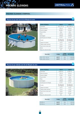 20
PISCINAS ELEVADAS
PISCINAS ELEVADAS STARPOOL
Piscina de aço oval com kit de filtração de areia
New
Piscina de aço redonda com kit de filtração de areia
New
Descrição Código
Código
Alfanum.
PVP Unit. €
610 x 375 x 120 cm 60973B
P26 1.563,99
500 x 300 x 120 cm 60974B
P26 1.429,07
FICHA TÉCNICA 60973 60974
Dimensões 610 x 375 cm 500 x 300 cm
Altura da piscina 120 cm 120 cm
Volume de água 20.893 l 14.550 l
Tipo de filtro Areia Areia
Peso 234 kg 224 kg
Embalagem 1/80x60 1/80x60
Caudal grupo de filtração 6 m3
/h 6 m3
/h
Escada
De segurança
(2x3 degraus)
De segurança
(2x3 degraus)
Largura do rebordo 15 cm 15 cm
Largura postes verticais 12 cm 12 cm
Tipo de liner (color azul) 40/100 30/100
Perfis De aço De aço
Peças de união de bordo Sim Sim
FICHA TÉCNICA 60975 60976
Dimensões Ø 460 cm Ø 350 cm
Altura da piscina 120 cm 120 cm
Volume de água 17.450 l 10.102 l
Tipo de filtro Areia Areia
Peso 172 kg 146 kg
Embalagem 1/80x60 1/80x60
Caudal grupo de filtração 6 m3
/h 6 m3
/h
Escada
De segurança
(2x3 degraus)
De segurança
(2x3 degraus)
Largura do rebordo 15 cm 15 cm
Largura postes verticais 12 cm 12 cm
Tipo de liner (color azul) 30/100 30/100
Perfis De aço De aço
Peças de união de bordo Sim Sim
Descrição Código
Código
Alfanum.
PVP Unit. €
Ø 460 cm 60975B
P26 1.142,44
Ø 350 cm 60976B
P26 982,36
 