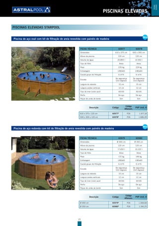 21
PISCINAS ELEVADAS
PISCINAS ELEVADAS STARPOOL
Piscina de aço oval com kit de filtração de areia revestida com painéis de madeira
New
Piscina de aço redonda com kit de filtração de areia revestida com painéis de madeira
New
Descrição Código
Código
Alfanum.
PVP Unit. €
610 x 375 x 120 cm 60977B
P26 1.977,18
500 x 300 x 120 cm 60978B
P26 1.686,49
FICHA TÉCNICA 60977 60978
Dimensões 610 x 375 cm 500 x 300 cm
Altura da piscina 120 cm 120 cm
Volume de água 20.893 l 14.550 l
Tipo de filtro Areia Areia
Peso 235 kg 224 kg
Embalagem 1/80x60 1/80x60
Caudal grupo de filtração 6 m3
/h 6 m3
/h
Escada
De segurança
(2x3 degraus)
De segurança
(2x3 degraus)
Largura do rebordo 15 cm 15 cm
Largura postes verticais 12 cm 12 cm
Tipo de liner (color azul) 40/100 30/100
Perfis De aço De aço
Peças de união de bordo Sim Sim
FICHA TÉCNICA 60979 60980
Dimensões Ø 460 cm Ø 350 cm
Altura da piscina 120 cm 120 cm
Volume de água 17.450 l 10.102 l
Tipo de filtro Areia Areia
Peso 172 kg 146 kg
Embalagem 1/80x60 1/80x60
Caudal grupo de filtração 6 m3
/h 6 m3
/h
Escada
De segurança
(2x3 degraus)
De segurança
(2x3 degraus)
Largura do rebordo 15 cm 15 cm
Largura postes verticais 12 cm 12 cm
Tipo de liner (color azul) 30/100 30/100
Perfis De aço De aço
Peças de união de bordo Sim Sim
Descrição Código
Código
Alfanum.
PVP Unit. €
Ø 460 cm 60979B
P26 1.368,68
Ø 350 cm 60980B
P26 1.166,25
PISCINAS
ELEVADAS
 