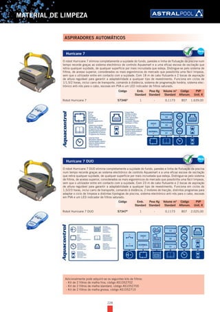 228
MATERIAL DE LIMPEZA
Hurricane 7
O robot Hurricane 7 elimina completamente a sujidade do fundo, paredes e linha de flutuação da piscina num
tempo recorde graças ao sistema electrónico de controlo Aquasmart e a uma eficaz escova de oscilação que
retira qualquer sujidade, de qualquer superfície por mais incrustada que esteja. Distingue-se pelo sistema de
filtros, de acesso superior, considerados os mais ergonómicos do mercado que possibilita uma fácil limpeza,
sem que o utilizador entre em contacto com a sujidade. Com 18 m de cabo flutuante e 2 bocas de aspiração
de altura regulável para garantir a adaptabilidade a qualquer tipo de revestimento. Funciona em ciclos de
1/1,5/2 horas, inclui carro de transporte, comando à distância, sistema de programação horária, sistema elec-
trónico anti-nós para o cabo, escovas em PVA e um LED indicador de filtros saturado.
Robot Hurricane 7 57346D
1 - 0,1173 B07 1.639,00
Hurricane 7 DUO
O robot Hurricane 7 DUO elimina completamente a sujidade do fundo, paredes e linha de flutuação da piscina
num tempo recorde graças ao sistema electrónico de controlo Aquasmart e a uma eficaz escova de oscilação
que retira qualquer sujidade, de qualquer superfície por mais incrustada que esteja. Distingue-se pelo sistema
de filtros, de acesso superior, considerados os mais ergonómicos do mercado que possibilita uma fácil limpeza,
sem que o utilizador entre em contacto com a sujidade. Com 23 m de cabo flutuante e 2 bocas de aspiração
de altura regulável para garantir a adaptabilidade a qualquer tipo de revestimento. Funciona em ciclos de
1,5/2/3 horas, inclui carro de transporte, comando à distância, 2 motores de tracção, distintos programas para
adaptar o ciclo de limpeza a distintas tipologias de piscina, sistema electrónico anti-nós para o cabo, escovas
em PVA e um LED indicador de filtros saturado.
Robot Hurricane 7 DUO 57347D
1 - 0,1173 B07 2.025,00
New
Hurricane 7
O robot Hurricane 7 elimina completamente a sujidade do fundo, paredes e linha de flutuação da piscina num
tempo recorde graças ao sistema electrónico de controlo Aquasmart e a uma eficaz escova de oscilação que
retira qualquer sujidade, de qualquer superfície por mais incrustada que esteja. Distingue-se pelo sistema de
filtros, de acesso superior, considerados os mais ergonómicos do mercado que possibilita uma fácil limpeza,
sem que o utilizador entre em contacto com a sujidade. Com 18 m de cabo flutuante e 2 bocas de aspiração
de altura regulável para garantir a adaptabilidade a qualquer tipo de revestimento. Funciona em ciclos de
1/1,5/2 horas, inclui carro de transporte, comando à distância, sistema de programação horária, sistema elec-
trónico anti-nós para o cabo, escovas em PVA e um LED indicador de filtros saturado.
Robot Hurricane 7 57346D
1 - 0,1173 B07 1.639,00
NewNe
O robot Hurricane 7 elimina completamente a sujidade do fundo, paredes e linha de flutuação da piscina num
tempo recorde graças ao sistema electrónico de controlo Aquasmart e a uma eficaz escova de oscilação que
Ne
Código Emb. Peso Kg Volume m3
Código PVP
Standard Standard Standard Alfanum. Unit. €
New
Hurricane 7 DUO
O robot Hurricane 7 DUO elimina completamente a sujidade do fundo, paredes e linha de flutuação da piscina
num tempo recorde graças ao sistema electrónico de controlo Aquasmart e a uma eficaz escova de oscilação
que retira qualquer sujidade, de qualquer superfície por mais incrustada que esteja. Distingue-se pelo sistema
de filtros, de acesso superior, considerados os mais ergonómicos do mercado que possibilita uma fácil limpeza,
sem que o utilizador entre em contacto com a sujidade. Com 23 m de cabo flutuante e 2 bocas de aspiração
de altura regulável para garantir a adaptabilidade a qualquer tipo de revestimento. Funciona em ciclos de
1,5/2/3 horas, inclui carro de transporte, comando à distância, 2 motores de tracção, distintos programas para
adaptar o ciclo de limpeza a distintas tipologias de piscina, sistema electrónico anti-nós para o cabo, escovas
em PVA e um LED indicador de filtros saturado.
Robot Hurricane 7 DUO 57347D
1 - 0,1173 B07 2.025,00
NewNe
O robot Hurricane 7 DUO elimina completamente a sujidade do fundo, paredes e linha de flutuação da piscina
num tempo recorde graças ao sistema electrónico de controlo Aquasmart e a uma eficaz escova de oscilação
Ne
Código Emb. Peso Kg Volume m3
Código PVP
Standard Standard Standard Alfanum. Unit. €
ASPIRADORES AUTOMÁTICOS
Adicionalmente pode adquirir-se os seguintes kits de filtros:
- Kit de 2 filtros de malha fina, código AS1052702
- Kit de 2 filtros de malha standard, código AS1052700
- Kit de 2 filtros de malha grossa, código AS1052710
 