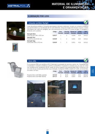 247
MATERIAL DE ILUMINAÇÃO
E ORNAMENTAÇÃO
Lâmpadas portáteis Starlight
Luzes decorativas portáteis e flutuantes para espaços interiores e exteriores. Incluem um comando à distancia
que permite alterar a cor da lâmpada até 16 cores diferentes. Utiliza tecnologia LED de baixo consumo, contem
uma bateria que, após ser carregada, tem uma autonomia de 20 horas e é à prova de água. O carregador é
fornecido com o produto.
StarLight Altair
Forma de Ovo 290 x 320 mm 53937A
1 3 0,050 A14 145,61
StarLight Sirio
Forma Circular Ø 350 mm 53938A
1 3 0,051 A14 145,61
StarLight Vega
Forma Oval 350 x 270 mm 53939A
1 3 0,051 A14 145,61
Brick LEDs
É um projector IP68 com resistência IK10. Destinado à sinalização de caminhos, jardins, etc. Compatível com
o modulador e comando à distância LumiPlus da AstralPool. O projector é composto por um corpo de cristal
com resistência anti vandálismo (IK10), selado de forma a garantir uma estanquidade IP68. Fornece-se com
um nicho de aço zincado para facilitar a sua instalação. O projector é RGB e dispõe de 3 LEDs: um encarnado,
um verde e um azul.
Projector Brick LED RGB quadrado 45716A
4 8,25 0,047 A14 326,40
Projector Brick LED RGB redondo 45717A
4 8,25 0,047 A14 293,76
Luzes decorativas portáteis e flutuantes para espaços interiores e exteriores. Incluem um comando à distancia
que permite alterar a cor da lâmpada até 16 cores diferentes. Utiliza tecnologia LED de baixo consumo, contem
Código Emb. Peso Kg Volume m3
Código PVP
Standard Standard Standard Alfanum. Unit. €
É um projector IP68 com resistência IK10. Destinado à sinalização de caminhos, jardins, etc. Compatível com
o modulador e comando à distância LumiPlus da AstralPool. O projector é composto por um corpo de cristal
Código Emb. Peso Kg Volume m3
Código PVP
Standard Standard Standard Alfanum. Unit. €
ILUMINAÇÃO POR LEDS
MATERIAL
ILUMINAÇÃO
 