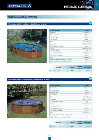 23
PISCINAS ELEVADAS
PISCINAS ELEVADAS STARPOOL
Piscina de madeira oval com kit de filtração de areia
New
Piscina de madeira redonda com kit de filtração de areia
New
Descrição Código
Código
Alfanum.
PVP Unit. €
533 x 344 x 120 cm 60984B
P26 5.088,68
FICHA TÉCNICA 60984
Dimensões 533 x 344 cm
Altura da piscina 120 cm
Volume de água 14.000 l
Tipo de filtro Areia
Peso 352 / 356 kg
Embalagem 1/90x80 - 1/124x116
Caudal grupo de filtração 6 m3
/h
Escada Madeira / aço inox
Largura do rebordo 24 cm
Largura postes verticais 19,5/22 cm
Tipo de liner (color azul) 40/100
Perfis De madeira
Protecção de fundo (Polietileno 115 g/m2
) Sim
Peças de união de bordo (metal lacado) Sim
FICHA TÉCNICA 60985
Dimensões Ø460 cm
Altura da piscina 120 cm
Volume de água 17.450 l
Tipo de filtro Areia
Peso 199 / 337 kg
Embalagem 1/90x80 - 1/124x116
Caudal grupo de filtração 6 m3
/h
Escada Madeira / aço inox
Largura do rebordo 24 cm
Largura postes verticais 19,5 cm
Tipo de liner (color azul) 40/100
Perfis De madeira
Protecção de fundo (Polietileno 115 g/m2
) Sim
Peças de união de bordo (metal lacado) Sim
Descrição Código
Código
Alfanum.
PVP Unit. €
Ø 460 cm 60985B
P26 3.893,35
PISCINAS
ELEVADAS
 