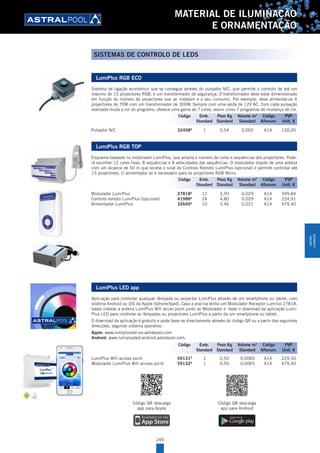 249
MATERIAL DE ILUMINAÇÃO
E ORNAMENTAÇÃO
LumiPlus RGB ECO
Sistema de ligação económico que se consegue através do pulsador N/C, que permite o controlo de até um
máximo de 15 projectores RGB, e um transformador de segurança. O transformador deve estar dimensionado
em função do número de projectores que se instalam e o seu consumo. Por exemplo, deve alimentar-se 4
projectores de 70W com um transformador de 300W. Sempre com uma saída de 12V AC. Com cada pulsação
realizada muda a cor do programa, oferece uma gama de 7 cores, assim como 7 programas de mudança de cor.
Pulsador N/C 32458A
1 0,54 0,002 A14 130,05
LumiPlus RGB TOP
Esquema baseado no modulador LumiPlus, que amplia o número de cores e sequências dos projectores. Pode-
rá escolher 12 cores fixas, 8 sequências e 8 velocidades das sequências. O modulador dispõe de uma antena
com um alcance de 50 m que recebe o sinal do Controlo Remoto LumiPlus (opcional) e permite controlar até
15 projectores. O alimentador só é necessário para os projectores RGB Micro.
Modulador LumiPlus 27818A
12 5,50 0,029 A14 399,84
Controlo remoto LumiPlus (opcional) 41988A
24 4,80 0,029 A14 224,91
Alimentador LumiPlus 32640A
10 3,46 0,021 A14 479,40
LumiPlus LED app
Aplicação para controlar qualquer lâmpada ou projector LumiPlus através de um smartphone ou tablet, com
sistema Android ou iOS da Apple (Iphone/Ipad). Caso a piscina tenha um Modulador Receptor Lumilus 27818,
basta instalar a antena LumiPlus Wifi acces point junto ao Modulador e fazer o download da aplicação Lumi-
Plus LED para controlar as lâmpadas ou projectores LumiPlus a partir de um smartphone ou tablet.
O download da aplicação é gratuito e pode fazer-se directamente através do código QR ou a partir das seguintes
direcções, segundo sistema operativo:
Apple: www.lumiplusled-ios.astralpool.com
Android: www.lumiplusled-android.astralpool.com.
LumiPlus Wifi access point 59131D
1 0,50 0,0065 A14 229,50
Modulador LumiPlus Wifi access point 59132D
1 0,50 0,0065 A14 479,40
Código QR descarga
app para Apple
Código QR descarga
app para Android
Código Emb. Peso Kg Volume m3
Código PVP
Standard Standard Standard Alfanum. Unit. €
Código Emb. Peso Kg Volume m3
Código PVP
Standard Standard Standard Alfanum. Unit. €
Código Emb. Peso Kg Volume m3
Código PVP
Standard Standard Standard Alfanum. Unit. €
SISTEMAS DE CONTROLO DE LEDS
MATERIAL
ILUMINAÇÃO
 