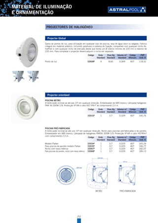 252
MATERIAL DE ILUMINAÇÃO
E ORNAMENTAÇÃO
Projector Global
Gama de pontos de luz, para utilização em qualquer tipo de piscina, seja de água doce ou salgada. Fabrico
integral em material plástico, incluindo parafusos e sistema de fixação, compatível com qualquer nicho As-
tralPool e com qualquer nicho de mercado desde que tenha um Ø interior mínimo de 220 mm e máximo de
235 mm. Para completar o projector deverá adquirir o nicho em separado.
Ponto de luz 52608A
4 8,60 0,069 A07 118,32
Projector orientável
PISCINA BETÂO
A lente pode inclinar-se até aos 15º em qualquer direcção. Embelezador de ABS branco. Lâmpada halógeneo
PAR 56 300W-12V, Protecção IP-68 e cabo H07 RN-F de comprimento 2,5 m.
33033A
1 3,7 0,029 A07 140,76
PISCINA PRÉ-FABRICADA
A lente pode inclinar-se até uns 15º em qualquer direcção. Nicho para piscinas pré-fabricadas e de painéis.
Embelezador em ABS branco. Lâmpada de halogéneo PAR56 300W-12V. Protecção IP-68 e cabo H07RN-F
com comprimento 2,5 m.
Modelo Parker 33034A
1 3,7 0,029 A07 165,24
Para piscina de painéis modelo Parker 33035A
1 3,7 0,029 A07 166,77
Nicho com rosca métrica 33067A
1 3,7 0,029 A07 182,07
Para piscinas de painéis, nicho com rosca métrica 33068A
1 3,7 0,029 A07 185,13
300 mm
228 mm
228 mm
BETÂO PRÉ-FABRICADA
Código Emb. Peso Kg Volume m3
Código PVP
Standard Standard Standard Alfanum. Unit. €
Código Emb. Peso Kg Volume m3
Código PVP
Standard Standard Standard Alfanum. Unit. €
Código Emb. Peso Kg Volume m3
Código PVP
Standard Standard Standard Alfanum. Unit. €
PROJECTORES DE HALOGÉNEO
 