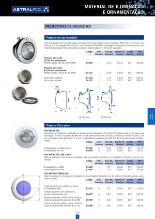 253
MATERIAL DE ILUMINAÇÃO
E ORNAMENTAÇÃO
Projector em aço inoxidável
Gama de projectores com lâmpadas incandescentes totalmente em aço inoxidável AISI-316. Fornecidos com
cabo de 2,5 m e ligação Bucim PG16 com conversor PG16/M25. Montagem de fixação da lâmpada ao nicho
mediante parafusos. Para completar o projector deverá adquirir o nicho em separado.
Projector sem nicho
Ø 250 mm embelezador
PAR56 300W 12V AC 50 Hz IPX8 54096A
1 2,37 0,013 A07 459,00
Projector sem nicho
Ø 295 mm embelezador
PAR56 300W 12V AC 50 Hz IPX8 54101A
1 2,60 0,020 A07 489,60
Nicho piscina betâo 54102A
1 1,72 0,013 A07 212,67
Nicho piscina liner 54103A
1 2,16 0,013 A07 306,00
Ø 250 mm Ø 295 mm
Projector Extra plano
PISCINA BETÂO
Construído em materiais inalteráveis e resistentes à temperatura. Cor branca. Não precisa de nicho para a sua
instalação. É fixado na parede através de cruz de plástico reforçado, buchas e parafusos. Fornecido com 2,5 m
de comprimento de cabo de 2 x 1,5 mm2
. Lâmpada de halogéneo de 100 W e 12 V. Fornecido sem transfor-
mador.
Embelezador em ABS branco 21626A
6 8,70 0,055 A07 116,54
Embelezador em inox 35666A
6 8,70 0,055 A07 136,17
PISCINA BETÂO COM LINER
Não necessita de nicho para ser instalado, fixa-se à parede mediante cruz de plástico reforçado, porcas e pa-
rafusos.
Embelezador em ABS 43452A
1 7,5 0,046 A07 145,35
Embelezador em Inox 43454A
1 7,5 0,046 A14 157,85
PISCINA PRÉ-FABRICADA
Não necessita de nicho para ser instalado, fixa-se à parede mediante cruz de plástico reforçado, porcas, para-
fusos e juntas.
Fixação à parede com parafusos e porcas
Embelezador ABS 21627A
6 13,7 0,055 A07 117,81
Fixação à parede com parafusos e
porcas. Embelezador inox 35667A
6 13,7 0,055 A07 142,29
Fixação que permite instalar o liner e o projector
depois dos acabamentos exteriores. Emb. ABS 24765A
5 8,8 0,055 A07 130,05
Fixação que permite instalar o liner e o projector
depois dos acabamentos exteriores. Emb. inox 35668A
5 8,8 0,055 A07 154,53
Código Emb. Peso Kg Volume m3
Código PVP
Standard Standard Standard Alfanum. Unit. €
Código Emb. Peso Kg Volume m3
Código PVP
Standard Standard Standard Alfanum. Unit. €
Código Emb. Peso Kg Volume m3
Código PVP
Standard Standard Standard Alfanum. Unit. €
280
A
A SECCIÓN A-A
M-25
3173
80
10,50
DIMENSIONES
DIMENSIONS
Rev.
Año / Year:
Pág./Page
00
2008
43452
PROY. EXTRA PLA PISC. LINER CON HORMIGÓN
CÓDIGO / CODE:
DESCRIPCIÓN:
1 / 1
ESP / ENG
EXTRA FLAT LIGHT FOR POOL LINER WITH CONCRETEDESCRIPTION:
Código Emb. Peso Kg Volume m3
Código PVP
Standard Standard Standard Alfanum. Unit. €
PROJECTORES DE HALOGÉNEO
MATERIAL
ILUMINAÇÃO
 