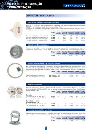 MATERIAL DE ILUMINAÇÃO
E ORNAMENTAÇÃO
Ponto de luz MINI para piscinas pré-fabricadas
Ponto de luz subaquático fabricado em materiais inalteráveis, com uma lâmpada halógenea aluminizada de
50W 12V e fornecido com um cabo de um comprimento de 2,5m.
Disponível com embelezador de plástico ABS ou Inox. E com corpo de plástico ou metálico. FORNECE-SE SEM
NICHO para completar o projector deverá adquirir-se o nicho em separado.
Ponto de luz corpo de plástico e embelezador em ABS 34183A
4 6,50 0,22 A07 156,06
Ponto de luz corpo de plástico e embelezador em Inox 34184A
4 6,50 0,22 A07 130,05
Ponto de luz corpo metálico e embelezador em ABS 36645A
4 6,50 0,22 A07 183,60
Ponto de luz corpo metálico e embelezador em Inox 36650A
4 6,50 0,22 A07 157,59
Projector com boca passa cabos
Projector de 100W 12V AC e com um design de dimensões reduzidas. Não necessita de nicho para a sua
instalação. O projector fixa-se à piscina através de uma boca, que por sua vez, funciona como passa cabos.
43933A
6 8,4 0,0522 A07 90,27
Kit junta dupla projector STD com rosca métrica
Kits formados por uma junta dupla e os parafusos necessários para a instalação de projectores numa piscina
de chapa. Evita tanto que a água da piscina como a humidade do terreno entre em contacto com a zona cunha-
da protegendo assim a possível corrosão da chapa. Permite instalar em versões com rosca métrica ou com
parafusos auto-roscantes.
Para projectores com rosca métrica 14517-0500A
80 - 0,035 A07 19,74
Para projector STD, auto-roscantes 14517-0600A
80 - 0,035 A07 18,46
Projector subaquático
Fabricado com materiais plásticos inalteráveis. Suporte giratório que permite orientar o feixe de luz em qualquer
direcção. Lâmpada PAR 56 ou PAR 38. Pode ser fixado ao solo através de buchas e parafusos. Possibilidade de
adaptar lentes de cores.
Sem cabo
Com lâmpada PAR 56, 300 W-12 V 08930A
4 8,2 0,080 A07 97,16
Com lâmpada PAR 38, 120 W-24 V 08931A
4 8,0 0,080 A07 111,95
Com cabo de 2 x 6 mm2
de comprimento 2,5 m
Com lâmpada PAR 56, 300 W-12 V 22397A
4 9,0 0,086 A07 128,52
Com lâmpada PAR 38, 120 W-24 V 23046A
4 9,0 0,086 A07 142,55
Base de projectores Mini para fontes
Base realizada completamente em aço inoxidável para acoplar em qualquer projector Mini sem nicho. Ideal
para colocar projectores em fontes ou instalações de água. O projector deve estar sempre submergido.
35716A
1 0,3 0,003 A07 72,68
Código Emb. Peso Kg Volume m3
Código PVP
Standard Standard Standard Alfanum. Unit. €
Código Emb. Peso Kg Volume m3
Código PVP
Standard Standard Standard Alfanum. Unit. €
Código Emb. Peso Kg Volume m3
Código PVP
Standard Standard Standard Alfanum. Unit. €
Código Emb. Peso Kg Volume m3
Código PVP
Standard Standard Standard Alfanum. Unit. €
Código Emb. Peso Kg Volume m3
Código PVP
Standard Standard Standard Alfanum. Unit. €
256
PROJECTORES DE HALOGÉNEO
 