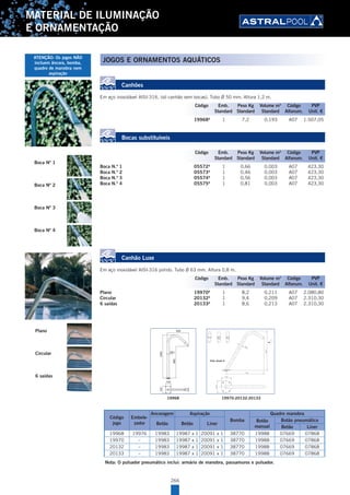 266
MATERIAL DE ILUMINAÇÃO
E ORNAMENTAÇÃO
Canhões
Em aço inoxidável AISI-316, (só canhão sem bocas). Tubo Ø 50 mm. Altura 1,2 m.
19968A
1 7,2 0,193 A07 1.507,05
Bocas substituíveis
Boca N.º 1 05572A
1 0,66 0,003 A07 423,30
Boca N.º 2 05573A
1 0,46 0,003 A07 423,30
Boca N.º 3 05574A
1 0,56 0,003 A07 423,30
Boca N.º 4 05575A
1 0,81 0,003 A07 423,30
Canhão Luxe
Em aço inoxidável AISI-316 polido. Tubo Ø 63 mm. Altura 0,8 m.
Plano 19970A
1 8,2 0,211 A07 2.080,80
Circular 20132A
1 9,4 0,209 A07 2.310,30
6 saídas 20133A
1 8,6 0,213 A07 2.310,30
Vista desde A
19968 19970-20132-20133
Código
jogo
Embele-
zador
Ancoragem Aspiração
Bomba
Quadro manobra
Betão Betão Liner
Botão
manual
Botão pneumático
Betão Liner
19968 19976 19983 19987 x 1 20091 x 1 38770 19988 07669 07868
19970 – 19983 19987 x 1 20091 x 1 38770 19988 07669 07868
20132 – 19983 19987 x 1 20091 x 1 38770 19988 07669 07868
20133 – 19983 19987 x 1 20091 x 1 38770 19988 07669 07868
Nota: O pulsador pneumático inclui: armário de manobra, passamuros e pulsador.
Código Emb. Peso Kg Volume m3
Código PVP
Standard Standard Standard Alfanum. Unit. €
Boca Nº 1
Boca Nº 2
Boca Nº 3
Boca Nº 4
Código Emb. Peso Kg Volume m3
Código PVP
Standard Standard Standard Alfanum. Unit. €
Plano
Circular
6 saídas
Código Emb. Peso Kg Volume m3
Código PVP
Standard Standard Standard Alfanum. Unit. €
JOGOS E ORNAMENTOS AQUÁTICOSATENÇÃO: Os jogos NÃO
incluem âncora, bomba,
quadro de manobra nem
aspiração
 