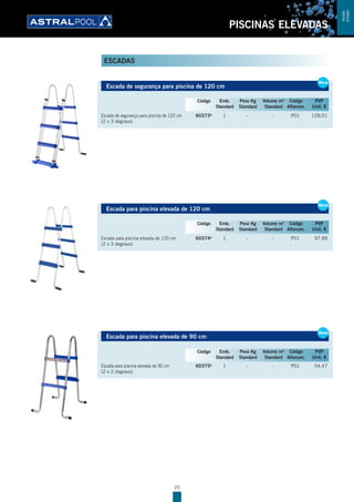 25
PISCINAS ELEVADAS
Escada de segurança para piscina de 120 cm
Escada de segurança para piscina de 120 cm 60373B
1 - - P01 128,01
(2 x 3 degraus)
Escada para piscina elevada de 120 cm
Escada para piscina elevada de 120 cm 60374B
1 - - P01 97,48
(2 x 3 degraus)
Escada para piscina elevada de 90 cm
Escada para piscina elevada de 90 cm 60375B
1 - - P01 54,47
(2 x 2 degraus)
New
Escada de segurança para piscina de 120 cm
Escada de segurança para piscina de 120 cm 60373B
1 - - P01 128,01
(2 x 3 degraus)
New
Código Emb. Peso Kg Volume m3
Código PVP
Standard Standard Standard Alfanum. Unit. €
Escada para piscina elevada de 120 cm
Escada para piscina elevada de 120 cm 60374B
1 - - P01 97,48
(2 x 3 degraus)
New
Código Emb. Peso Kg Volume m3
Código PVP
Standard Standard Standard Alfanum. Unit. €
Escada para piscina elevada de 90 cm
Escada para piscina elevada de 90 cm 60375B
1 - - P01 54,47
(2 x 2 degraus)
New
Código Emb. Peso Kg Volume m3
Código PVP
Standard Standard Standard Alfanum. Unit. €
ESCADAS
PISCINAS
ELEVADAS
 