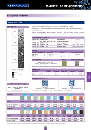 283
MATERIAL DE REVESTIMENTO
Reservamo-nos o direito de alterar, total ou parcialmente, as características dos nossos artigos ou o conteúdo deste documento sem aviso prévio.
REVESTIMENTO VÍTREO
Modelo: MESCLADO
Mosaíco vítreo prensado e posteriormente cozido. Destonificação do produto.
Desenvolvidos e desenhados para resistir a produtos químicos, geadas, resistência às manchas,
de porosidade nula.
Pela sua inalterabilidade, é de fácil limpeza e colocação, é ideal para revestir piscinas, centros de
wellness, decoração de interiores e exteriores.
EMBALAGEM
FORMATO m2
/Caixa m2
/Palete Caixa/Palete Kg/Caixa Kg/Palete
25 x 25 mm Standard 2 144 72 18 1316
50 x 50 mm Standard 2 108 54 22 1208
COMBINAÇÕES 25 x 25 mm
TURQUESA
MESCLADO AZUL - MESCLADO FORTE
CARIBE
MESCLADO AZUL - MESCLADO PISCINA
Possibilidade de combinações de outras cores mescladas. Consulte o seu distribuidor.
Indique as dimensões a cobrir e a selecção
de cores a combinar para obter a sua superfície
personalizada.
Consulte o seu distribuidor.
DEGRADÉS PERSONALIZADOS
OPÇÕES
FORMATO NOMINAL ESPESSURA TRAMA PONTO POLIURETANO
25 x 25 mm 4,2 - 4,7 mm - Disponível
50 x 50 mm 5,2 - 5,7 mm Disponível -
CÓDIGOS
FORMATO VERDE-202 VERDE-203 VERDE-204 VERDE-211
MESCLADO
AZUL
MESCLADO
PISCINA
MESCLADO
FORTE
AMARELO-
207
MESCLADO
LARANJA
MESCLADO
ENCARNADO
25 x 25 mm POLIURETANO 54312 54313 54314 54321 54399 54403 54400 54317 54401 54404
50 x 50 mm TRAMA 44983 44984 44985 44990 45020 45024 45021 44988 45022 45025
CÓDIGOS
FORMATO
CASTANHO-
206
CASTANHO-
214
CASTANHO-
213
CASTANHO-
217
MESCLADO
ROSA
ROSA-212
VIOLETA-
210
VIOLETA-
239
MESCLADO
BRANCO
MESCLADO
CINZENTO-218
MESCLADO
PRETO
25 x 25 mm POLIURETANO 54316 54324 54323 54327 54405 54322 54320 54337 60020 54328 54402
50 x 50 mm TRAMA 44987 44993 44992 44996 45026 44991 44989 60030 60031 51552 45023
New New New New New New New New
New New New
New
ACABAMENTOS TRAMA PONTO POLIURETANO
TRAMA, PONTO POLIURETANO:
Estão fixos na parte detrás da placa de mosaíco,
ficando aplicada directamente ao suporte
DEGRADÉS MIX
NIEBLA NEGRO
NEGRO
DEGRADADO NOCHE 7 PIEZAS
BLANCO
258
N 1
N 2
N 3
N 4
N 5
N 6
N 7
DEGRADÉ NOITE 7 PEÇAS
PRETO
MESCLADO PRETO
CINZENTO-258
BRANCO
CARACTERÍSTICAS TÉCNICAS
UNE-EN ISO 10545-3: 1997 Absorção de água < 0,1%
UNE 67101: 1985 + 1M 1992 Dureza aos riscos (Mohs) 4
UNE-EN ISO 10545-12: 1997 Resistência a geadas Resiste
UNE-EN ISO 10545-14: 1998 Resistência às manchas Classe 5 (água quente)
UNE-EN ISO 10545-13: 1998 Resistência química Resiste Classe UA/UHA
MATERIAL
REVESTIMENTO
 