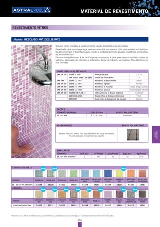 285
MATERIAL DE REVESTIMENTO
REVESTIMENTO VÍTREO
Reservamo-nos o direito de alterar, total ou parcialmente, as características dos nossos artigos ou o conteúdo deste documento sem aviso prévio.
Modelo: MESCLADO ANTIDESLIZANTE
CARACTERÍSTICAS TÉCNICAS
UNE-EN ISO 10545-3: 1997 Absorção de água < 0,1%
UNE 67101: 1985 + 1M 1992 Dureza aos riscos (Mohs) 5
UNE-ENV 10545-12: 1997 Resistência ao deslizamento Classe 3
UNE-EN ISO 10545-12: 1997 Resistência à geada Resiste
UNE-EN ISO 10545-14: 1998 Resistência às manchas Classe 5 (água quente)
UNE-EN ISO 10545-13: 1998 Resistência química Resiste Classe UA/UHA
UNE-EN ISO ISO/DIS 10545-13-17 CDF (coeficiente de fricção dinâmico) Excelente
DIN 51130: 2010 Ângulo crítico de deslizamento (rampa) R13
DIN 51097 Ângulo crítico de deslizamento (pé descalço) Classe C
Mosaíco vítreo prensado e posteriormente cozido. Destonificação do produto.
Desenhado para a sua segurança, apresentamos-lhe um mosaíco com propriedades anti-deslizan-
tes.Desenvolvidos e desenhados para resistir a produtos químicos, geadas, resistência às manchas,
de porosidade nula.
Pela sua inalterabilidade, é de fácil limpeza e colocação, é ideal para revestir piscinas, centros de
wellness, decoração de interiores e exteriores. Zonas de trânsito, via pública. Alta aderência em
vias húmidas.
EMBALAGEM
FORMATO m2
/Caixa m2
/Palete Caixa/Palete Kg/Caixa Kg/Palete
25 x 25 mm Standard 2 144 72 18 1316
CÓDIGOS (CLASE 3)
FORMATO VERDE-202 VERDE-203 VERDE-204 VERDE-211
MESCLADO
AZUL
MESCLADO
PISCINA
MESCLADO
FORTE
AMARELO-
207
MESCLADO
LARANJA
MESCLADO
ENCARNADO
25 x 25 mm POLIURETANO 54199 54200 54201 54508 54278 54282 54279 54204 54280 54283
ACABAMENTOS PONTO POLIURETANO
PONTO POLIURETANO: Fixo na parte detrás da placa de mosaíco,
ficando aplicada directamente ao suporte.
OPÇÕES
FORMATO NOMINAL ESPESSURA PONTO POLIURETANO
25 x 25 mm 4,2 - 4,7 mm Disponível
CÓDIGOS
FORMATO
CASTANHO-
206
CASTANHO-
214
CASTANHO-
213
CASTANHO-
217
MESCLADO
ROSA
ROSA-212
VIOLETA-
210
VIOLETA-
239
MESCLADO
CINZENTO-218
MESCLADO
PRETO
25 x 25 mm POLIURETANO 54203 54211 54210 54214 54284 54209 54207 54224 54215 54281
New
New New New
New New New New New New New
MATERIAL
REVESTIMENTO
 