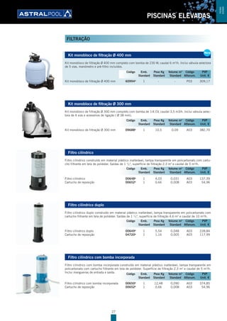 27
PISCINAS ELEVADAS
Kit monobloco de filtração Ø 400 mm
Kit monobloco de filtração Ø 400 mm completo com bomba de 230 W, caudal 6 m3
/h. Inclui válvula selectora
de 5 vias, manómetro e pré-filtro incluídos.
Kit monobloco de filtração Ø 400 mm 60994B
1 - - P03 309,17
Kit monobloco de filtração Ø 300 mm
Kit monobloco de filtração Ø 300 mm completo com bomba de 1/4 CV, caudal 3,5 m3/h. Inclui válvula selec-
tora de 4 vias e acessórios de ligação ( Ø 38 mm).
Kit monobloco de filtração Ø 300 mm 09688B
1 10,5 0,09 A03 382,70
Filtro cilíndrico
Filtro cilíndrico construído em material plástico inalterável, tampa transparente em policarbonato com cartu-
cho filtrante em tela de poliéster. Saídas de 1 1
/2", superfície de filtração 2,3 m2
e caudal de 5 m3
/h.
Filtro cilíndrico 00648B
1 4,03 0,031 A03 137,39
Cartucho de reposição 00652B
1 0,66 0,008 A03 54,96
Filtro cilíndrico duplo
Filtro cilíndrico duplo construído em material plástico inalterável, tampa transparente em policarbonato com
cartucho filtrante em tela de poliéster. Saídas de 1 1
/2", superfície de filtração 4,6 m2
e caudal de 10 m3
/h.
Filtro cilíndrico duplo 00649B
1 5,54 0,048 A03 228,84
Cartucho de reposição 04720B
1 1,16 0,005 A03 117,99
Filtro cilíndrico com bomba incorporada
Filtro cilíndrico com bomba incorporada construído em material plástico inalterável, tampa transparente em
policarbonato com cartucho filtrante em tela de poliéster. Superfície de filtração 2,3 m2
e caudal de 5 m3
/h.
Inclui mangueiras de entrada e saída.
Filtro cilíndrico com bomba incorporada 00650B
1 12,48 0,090 A03 374,85
Cartucho de reposição 00652B
1 0,66 0,008 A03 54,96
Kit monobloco de filtração Ø 400 mm
Kit monobloco de filtração Ø 400 mm completo com bomba de 230 W, caudal 6 m3
/h. Inclui válvula selectora
de 5 vias, manómetro e pré-filtro incluídos.
Kit monobloco de filtração Ø 400 mm 60994B
1 - - P03 309,17
New
Código Emb. Peso Kg Volume m3
Código PVP
Standard Standard Standard Alfanum. Unit. €
Código Emb. Peso Kg Volume m3
Código PVP
Standard Standard Standard Alfanum. Unit. €
Código Emb. Peso Kg Volume m3
Código PVP
Standard Standard Standard Alfanum. Unit. €
Código Emb. Peso Kg Volume m3
Código PVP
Standard Standard Standard Alfanum. Unit. €
Código Emb. Peso Kg Volume m3
Código PVP
Standard Standard Standard Alfanum. Unit. €
FILTRAÇÃO
PISCINAS
ELEVADAS
 