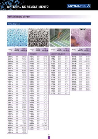 294
MATERIAL DE REVESTIMENTO
REVESTIMENTO VÍTREO
Listas de preços
Código
Código
Alfanum.
PVP
Unit.(m2
) €
LISO
54339E
B06 24,17
54340E
B06 24,17
54341E
B06 24,17
54350E
B06 27,25
54364E
B06 21,07
54365E
B06 21,07
54363E
B06 24,17
54362E
B06 27,25
54358E
B06 42,86
54397E
B06 43,65
54410E
B06 43,69
44997E
B06 42,12
44998E
B06 42,12
44999E
B06 42,12
45003E
B06 47,97
45014E
B06 37,67
45015E
B06 37,67
45013E
B06 42,12
45012E
B06 47,97
45010E
B06 75,37
45018E
B06 75,37
45027E
B06 75,37
54383E
B06 24,17
54342E
B06 24,17
54352E
B06 27,25
54356E
B06 27,25
54411E
B06 24,17
54351E
B06 27,25
54348E
B06 42,86
54349E
B06 36,84
54369E
B06 17,43
54344E
B06 24,17
54398E
B06 24,17
45017E
B06 42,12
51561E
B06 42,12
45005E
B06 47,97
45009E
B06 47,97
45028E
B06 42,12
45004E
B06 47,97
60029E
B06 Consultar
45002E
B06 65,76
45016E
B06 33,91
45001E
B06 42,12
45019E
B06 42,12
Código
Código
Alfanum.
PVP
Unit.(m2
) €
MESCLADO
54312E
B06 19,48
54313E
B06 23,49
54314E
B06 23,49
54321E
B06 24,17
54399E
B06 16,40
54403E
B06 16,40
54400E
B06 17,43
54317E
B06 23,30
54401E
B06 27,25
54404E
B06 27,25
44983E
B06 37,67
44984E
B06 37,67
44985E
B06 37,67
44990E
B06 42,12
45020E
B06 37,67
45024E
B06 37,67
45021E
B06 42,12
44988E
B06 37,67
45022E
B06 47,97
45025E
B06 47,97
54316E
B06 23,49
54324E
B06 24,17
54323E
B06 24,17
54327E
B06 24,17
54405E
B06 24,17
54322E
B06 24,17
54320E
B06 24,17
54337E
B06 27,25
60020E
B06 17,43
54328E
B06 24,17
54402E
B06 24,17
44987E
B06 37,67
44993E
B06 42,12
44992E
B06 42,12
44996E
B06 42,12
45026E
B06 42,12
44991E
B06 42,12
44989E
B06 42,12
60030E
B06 Consultar
60031E
B06 Consultar
51552E
B06 42,12
45023E
B06 42,12
Código
Código
Alfanum.
PVP
Unit.(m2
) €
LISO ANTI-DESLIZANTE
54226E
B06 33,17
54227E
B06 33,17
54228E
B06 33,17
54237E
B06 34,41
54251E
B06 30,11
54252E
B06 30,11
54250E
B06 33,17
54249E
B06 36,29
54245E
B06 56,24
54276E
B06 56,92
54288E
B06 56,92
54267E
B06 33,17
54229E
B06 33,17
54239E
B06 36,29
54243E
B06 36,29
54289E
B06 33,17
54238E
B06 36,29
54235E
B06 56,24
54236E
B06 45,90
54256E
B06 25,63
54231E
B06 33,17
54277E
B06 33,17
Código
Código
Alfanum.
PVP
Unit.(m2
) €
MESCLADO ANTI-DESLIZANTE
54199E
B06 32,53
54200E
B06 32,53
54201E
B06 32,53
54508E
B06 Consultar
54278E
B06 25,63
54282E
B06 33,78
54279E
B06 37,22
54204E
B06 36,49
54280E
B06 37,22
54283E
B06 63,86
54203E
B06 36,49
54211E
B06 37,22
54210E
B06 37,22
54214E
B06 37,22
54284E
B06 37,22
54209E
B06 37,22
54207E
B06 37,22
54224E
B06 38,61
54215E
B06 37,22
54281E
B06 37,22
 