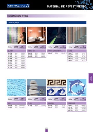 295
MATERIAL DE REVESTIMENTO
Listas de preços
REVESTIMENTO VÍTREO
Código
Código
Alfanum.
PVP
Unit.(m2
) €
GLOSSY
54159E
B06 95,96
54160E
B06 95,96
54161E
B06 95,96
54163E
B06 95,96
54166E
B06 95,96
54167E
B06 95,96
57370E
B06 49,45
57371E
B06 49,45
57372E
B06 49,45
Código
Código
Alfanum.
PVP
Unit.(m2
) €
METAL-AIR
54394E
B06 54,46
54395E
B06 66,91
54396E
B06 54,46
Código
Código
Alfanum.
PVP
Unit.(m2
) €
MOON LUMINISCENTE
54390E
B06 191,43
Código
Código
Alfanum.
PVP
Unit.(m2
) €
MATE
54174E
B06 85,19
54175E
B06 85,19
54176E
B06 85,19
54182E
B06 101,94
54183E
B06 82,11
Código
Código
Alfanum.
PVP
Unit.(m2
) €
COR
45054E
B06 Consultar
40823E
B06 Consultar
Código
Código
Alfanum.
PVP
Unit.(m2
) €
FLASH
51749E
B06 575,00
Código
Código
Alfanum.
PVP
Unit.(m2
) €
CENEFAS
22164E
B06 9,15
16040E
B06 19,21
Código
Código
Alfanum.
PVP
Unit.(m2
) €
DESENHOS
16043E
B06 384,27
45152E
B06 1.014,53
45159E
B06 491,89
45160E
B06 691,71
MATERIAL
REVESTIMENTO
 