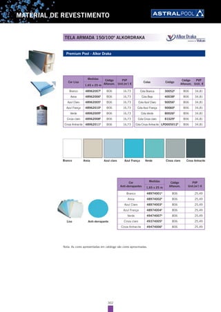 302
MATERIAL DE REVESTIMENTO
Premium Pool - Alkor Draka
Colas Código
Código
Alfanum.
PVP
Unit. €
Cola Branca 30052E
B06 34,81
Cola Beje 40038E
B06 34,81
Cola Azul Claro 90056E
B06 34,81
Cola Azul França 90060E
B06 34,81
Cola Verde 80026E
B06 34,81
Cola Cinza claro 81029E
B06 34,81
Cola Cinza Antracite LPO005012E
B06 34,81
Nota: As cores apresentadas em catálogo são cores aproximadas.
Cor Lisa
Medidas Código
Alfanum.
PVP
Unit.(m2
) €1,65 x 25 m
Branco 48962007E
B06 16,73
Areia 48962006E
B06 16,73
Azul Claro 48962005E
B06 16,73
Azul França 48962010E
B06 16,73
Verde 48962009E
B06 16,73
Cinza claro 48962008E
B06 16,73
Cinza Antracite 48962011E
B06 16,73
TELA ARMADA 150/100º ALKORDRAKA
Branco Areia VerdeAzul França Cinza AntraciteAzul claro Cinza claro
Anti-derrapanteLiso
Cor
Anti-derrapantes
Medidas Código
Alfanum.
PVP
Unit.(m2
) €1,65 x 25 m
Branco 48974001E
B06 25,49
Areia 48974002E
B06 25,49
Azul Claro 48974003E
B06 25,49
Azul França 48974004E
B06 25,49
Verde 49474007E
B06 25,49
Cinza claro 49374005E
B06 25,49
Cinza Antracite 49474006E
B06 25,49
 