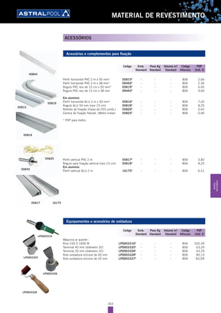 303
MATERIAL DE REVESTIMENTO
ACESSÓRIOS
Acessórios e complementos para fixação
Perfil horizontal PVC 2 m x 50 mm* 05815E
- - - B06 2,66
Perfil horizontal PVC 2 m x 38 mm* 09492E
- - - B06 2,36
Ângulo PVC raio de 15 cm x 50 mm* 05819E
- - - B06 6,45
Ângulo PVC raio de 15 cm x 38 mm 09493E
- - - B06 4,60
Em alumínio
Perfil horizontal ALU 2 m x 50 mm* 05816E
- - - B06 7,02
Ângulo ALU 50 mm (raio 15 cm) 05818E
- - - B06 8,25
Rebites de fixação (Caixa de 250 unids.) 05820E
- - - B06 0,42
Correia de fixação flexível. (Metro linear) 05825E
- - - B06 0,96
* PVP para metro.
Perfil vertical PVC 2 m 05817E
- - - B06 3,82
Ângulo para fixação vertical (raio 15 cm) 05818E
- - - B06 8,25
Em alumínio
Perfil vertical ALU 2 m 16175E
- - - B06 6,51
Equipamentos e acessórios de soldadura
Máquina ar quente -
Rion 230 V 1600 W LPO003316E
- - - B06 520,39
Terminal 40 mm (diâmetro 32) LPO003325E
- - - B06 63,29
Terminal 20 mm (diâmetro 32) LPO003326E
- - - B06 63,29
Rolo soldadura silicone de 40 mm LPO003328E
- - - B06 85,13
Rolo soldadura silicone de 20 mm LPO003337E
- - - B06 83,04
Código Emb. Peso Kg Volume m3
Código PVP
Standard Standard Standard Alfanum. Unit. €
Código Emb. Peso Kg Volume m3
Código PVP
Standard Standard Standard Alfanum. Unit. €
LPO003325
LPO003326
LPO003328
LPO003316
MATERIAL
REVESTIMENTO
 