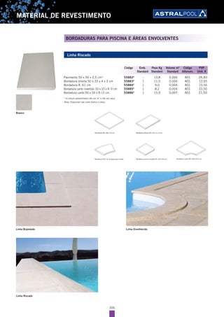 306
MATERIAL DE REVESTIMENTO
BORDADURAS PARA PISCINA E ÁREAS ENVOLVENTES
Linha Riscado
Pavimento 50 x 50 x 2,5 cm* 55882E
- 13,8 0,006 A01 26,83
Bordadura direita 50 x 33 x 4 x 3 cm 55883E
1 11,5 0,006 A01 12,65
Bordadura R: 61 cm 55884E
1 9,0 0,004 A01 15,56
Bordadura canto invertido 33 x 33 x R: 0 cm 55885E
1 8,2 0,004 A01 21,50
Bordadura canto 50 x 50 x R:15 cm 55886E
1 15,9 0,007 A01 21,50
* os preços apresentados são por m2
e não por peça.
Nota: Disponível nas cores branco e areia
Branco
Código Emb. Peso Kg Volume m3
Código PVP
Standard Standard Standard Alfanum. Unit. €
Linha Bujardado Linha Envelhecido
Linha Riscado
 