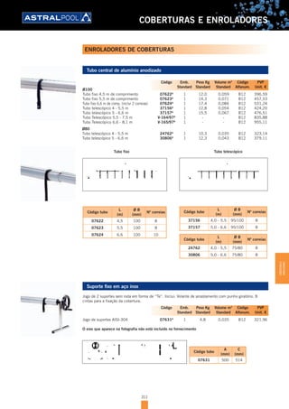 311
COBERTURAS E ENROLADORES
Tubo central de alumínio anodizado
Ø100
Tubo fixo 4,5 m de comprimento 07622A
1 12,0 0,059 B12 396,59
Tubo fixo 5,5 m de comprimento 07623A
1 14,3 0,071 B12 457,53
Tubo fixo 6,6 m de comp. (inclui 2 correias) 07624A
1 17,4 0,084 B12 531,24
Tubo telescópico 4 - 5,5 m 37156A
1 12,8 0,054 B12 424,20
Tubo telescópico 5 - 6,6 m 37157A
1 15,5 0,067 B12 476,51
Tubo Telescópico 5,5 - 7,5 m V-164/97A
1 - - B12 835,88
Tubo Telescópico 6,6 - 8,1 m V-165/97A
1 - - B12 955,11
Ø80
Tubo telescópico 4 - 5,5 m 24762A
1 10,3 0,035 B12 323,14
Tubo telescópico 5 - 6,6 m 30806A
1 12,3 0,043 B12 379,11
Tubo fixo Tubo telescópico
Código tubo
L
(m)
Ø B
(mm)
Nº correias
24762 4,0 - 5,5 75/80 8
30806 5,0 - 6,6 75/80 8
Código tubo
L
(m)
Ø B
(mm)
Nº correias
07622 4,5 100 8
07623 5,5 100 8
07624 6,6 100 10
Código tubo
L
(m)
Ø B
(mm)
Nº correias
37156 4,0 - 5,5 95/100 8
37157 5,0 - 6,6 95/100 8
Suporte fixo em aço inox
Jogo de 2 suportes sem roda em forma de “Te”. Inclui: Volante de arrastamento com punho giratório. 8
cintas para a fixação da cobertura.
Jogo de suportes AISI-304 07631A
1 4,8 0,035 B12 321,96
O eixo que aparece na fotografia não está incluído no fornecimento
Código tubo
A
(mm)
C
(mm)
07631 500 514
Código Emb. Peso Kg Volume m3
Código PVP
Standard Standard Standard Alfanum. Unit. €
Código Emb. Peso Kg Volume m3
Código PVP
Standard Standard Standard Alfanum. Unit. €
ENROLADORES DE COBERTURAS
COBERTURASE
ENROLADORES
 