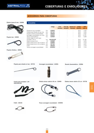 315
COBERTURAS E ENROLADORES
Acessórios
Piqueta em aço inoxidável Uni. 03994A
- - - B12 2,04
Piqueta para relvado em aço inox Uni. 05732A
- - - B12 5,93
Piqueta cilíndrica escamoteável Uni. 40950A
- - - B12 5,52
Ancoragem escamoteável com mola Uni. 03995A
- - - B12 11,91
Tensor dinamométrico Uni. 03996A
- - - B12 6,68
Correia negra (2 unid.) para
enrolador 1,50 m Uni. 4401050108A
- - - B12 27,36
Elástico tensor 8 mm m2
03998A
- - - B12 3,25
Elástico tensor 8 mm x 60 cm Cabiclic Uni. 03999A
- - - B12 5,10
Elástico tensor 8 mm x 25 cm Cabiclic Uni. 05736A
- - - B12 4,22
Fixkit Uni. 09439A
- - - B12 7,14
Tensor ancoragem escamoteável Uni. 03999SA
- - - B12 7,14
FixKit - 09439FixKit - 09439 Tensor ancoragem escamoteável - 03999S
Elástico tensor cabiclic 60 cm - 03999 Elástico tensor cabiclic 25 cm - 05736
Ancoragem escamoteável - 03995
Correia para enrolador 1,50 -
4401050108
Piqueta para relvado en inox - 05732 Resorte dinamométrico - 03996
Elástico tensor 8 mm - 03998
Piqueta inox - 03994
Piqueta cilíndrica - 40950
Código Emb. Peso Kg Volume m3
Código PVP
Standard Standard Standard Alfanum. Unit. €
ACESSÓRIOS PARA COBERTURAS
COBERTURASE
ENROLADORES
 