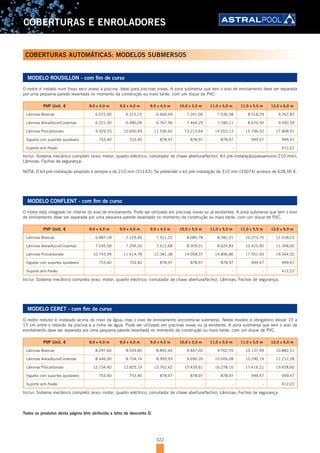 322
COBERTURAS E ENROLADORES
MODELO ROUSILLON - com fim de curso
O motor é instado num fosso seco anexo à piscina. Ideal para piscinas novas. A zona submersa que tem o eixo de enrolamento deve ser separada
por uma pequena parede levantada no momento da construção ou mais tarde, com um dique de PVC.
PVP Unit. € 8,0 x 4,0 m 9,0 x 4,0 m 9,0 x 4,5 m 10,0 x 5,0 m 11,0 x 5,0 m 11,0 x 5,5 m 12,0 x 6,0 m
Lâminas Brancas 6.072,90 6.315,15 6.666,49 7.241,06 7.536,58 8.518,29 9.262,82
Lâminas Areia/Azuis/Cinzentas 6.221,30 6.480,04 6.767,96 7.464,29 7.780,11 8.670,50 9.592,59
Lâminas Policarbonato 9.929,70 10.600,49 11.536,65 13.213,64 14.052,13 15.796,52 17.808,91
Vigueta com suportes ajustáveis 753,40 753,40 878,97 878,97 878,97 999,47 999,47
Suporte anti-flexão - - - - - - 412,22
Inclui: Sistema mecânico completo (eixo; motor; quadro eléctrico; comutador de chave abertura/fecho); Kit pré-instalação(passamuros 210 mm);
Lâminas; Fechos de segurança.
NOTA: O kit pré-instalação proposto é sempre o de 210 mm (31143). Se pretender o kit pré-instalação de 310 mm (33074) acresce de 628,00 €.
MODELO CONFLENT - com fim de curso
O motor está integrado no interior do eixo de enrolamento. Pode ser utilizado em piscinas novas ou já existentes. A zona submersa que tem o eixo
de enrolamento deve ser separada por uma pequena parede levantada no momento da construção ou mais tarde, com um dique de PVC.
PVP Unit. € 8,0 x 4,0 m 9,0 x 4,0 m 9,0 x 4,5 m 10,0 x 5,0 m 11,0 x 5,0 m 11,0 x 5,5 m 12,0 x 6,0 m
Lâminas Brancas 6.887,18 7.129,44 7.511,22 8.085,78 8.381,31 10.273,70 11.018,23
Lâminas Areia/Azuis/Cinzentas 7.035,58 7.294,33 7.612,68 8.309,01 8.624,83 10.425,90 11.348,00
Lâminas Policarbonato 10.743,99 11.414,78 12.381,38 14.058,37 14.896,86 17.551,93 19.564,32
Vigueta com suportes ajustáveis 753,40 753,40 878,97 878,97 878,97 999,47 999,47
Suporte anti-flexão - - - - - - 412,22
Inclui: Sistema mecânico completo (eixo; motor; quadro eléctrico; comutador de chave abertura/fecho); Lâminas; Fechos de segurança.
COBERTURAS AUTOMÁTICAS: MODELOS SUBMERSOS
MODELO CERET - com fim de curso
O motor redutor é instalado acima do nível da água, mas o eixo de enrolamento encontra-se submerso. Neste modelo é obrigatório deixar 10 a
15 cm entre o rebordo da piscina e a linha de água. Pode ser utilizado em piscinas novas ou já existente. A zona submersa que tem o eixo de
enrolamento deve ser separada por uma pequena parede levantada no momento da construção ou mais tarde, com um dique de PVC.
PVP Unit. € 8,0 x 4,0 m 9,0 x 4,0 m 9,0 x 4,5 m 10,0 x 5,0 m 11,0 x 5,0 m 11,0 x 5,5 m 12,0 x 6,0 m
Lâminas Brancas 8.297,60 8.539,85 8.892,46 9.467,02 9.762,55 10.137,99 10.882,51
Lâminas Areia/Azuis/Cinzentas 8.446,00 8.704,74 8.993,93 9.690,26 10.006,08 10.290,19 11.212,28
Lâminas Policarbonato 12.154,40 12.825,19 13.762,62 15.439,61 16.278,10 17.416,21 19.428,60
Vigueta com suportes ajustáveis 753,40 753,40 878,97 878,97 878,97 999,47 999,47
Suporte anti-flexão - - - - - - 412,22
Inclui: Sistema mecânico completo (eixo; motor; quadro eléctrico; comutador de chave abertura/fecho); Lâminas; Fechos de segurança
Todos os produtos desta página têm atribuída a letra de desconto D.
 