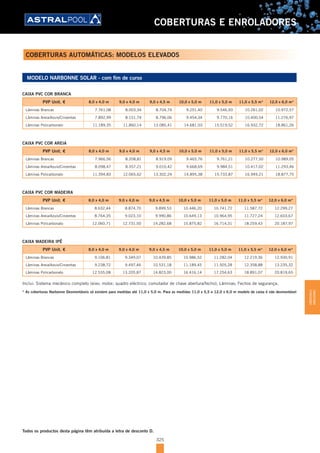 325
COBERTURAS E ENROLADORES
COBERTURAS AUTOMÁTICAS: MODELOS ELEVADOS
MODELO NARBONNE SOLAR - com fim de curso
CAIXA PVC COR BRANCA
PVP Unit. € 8,0 x 4,0 m 9,0 x 4,0 m 9,0 x 4,5 m 10,0 x 5,0 m 11,0 x 5,0 m 11,0 x 5,5 m* 12,0 x 6,0 m*
Lâminas Brancas 7.761,08 8.003,34 8.704,74 9.251,40 9.546,93 10.261,02 10.972,57
Lâminas Areia/Azuis/Cinzentas 7.892,99 8.151,74 8.796,06 9.454,34 9.770,16 10.400,54 11.276,97
Lâminas Policarbonato 11.189,35 11.860,14 13.085,41 14.681,03 15.519,52 16.932,72 18.861,26
CAIXA PVC COR AREIA
PVP Unit. € 8,0 x 4,0 m 9,0 x 4,0 m 9,0 x 4,5 m 10,0 x 5,0 m 11,0 x 5,0 m 11,0 x 5,5 m* 12,0 x 6,0 m*
Lâminas Brancas 7.966,56 8.208,81 8.919,09 9.465,76 9.761,21 10.277,50 10.989,05
Lâminas Areia/Azuis/Cinzentas 8.098,47 8.357,21 9.010,42 9.668,69 9.984,51 10.417,02 11.293,46
Lâminas Policarbonato 11.394,83 12.065,62 13.302,24 14.895,38 15.733,87 16.949,21 18.877,75
CAIXA PVC COR MADEIRA
PVP Unit. € 8,0 x 4,0 m 9,0 x 4,0 m 9,0 x 4,5 m 10,0 x 5,0 m 11,0 x 5,0 m 11,0 x 5,5 m* 12,0 x 6,0 m*
Lâminas Brancas 8.632,44 8.874,70 9.899,53 10.446,20 10.741,72 11.587,72 12.299,27
Lâminas Areia/Azuis/Cinzentas 8.764,35 9.023,10 9.990,86 10.649,13 10.964,95 11.727,24 12.603,67
Lâminas Policarbonato 12.060,71 12.731,50 14.282,68 15.875,82 16.714,31 18.259,43 20.187,97
CAIXA MADEIRA IPÊ
PVP Unit. € 8,0 x 4,0 m 9,0 x 4,0 m 9,0 x 4,5 m 10,0 x 5,0 m 11,0 x 5,0 m 11,0 x 5,5 m* 12,0 x 6,0 m*
Lâminas Brancas 9.106,81 9.349,07 10.439,85 10.986,52 11.282,04 12.219,36 12.930,91
Lâminas Areia/Azuis/Cinzentas 9.238,72 9.497,46 10.531,18 11.189,45 11.505,28 12.358,88 13.235,32
Lâminas Policarbonato 12.535,08 13.205,87 14.823,00 16.416,14 17.254,63 18.891,07 20.819,65
Inclui: Sistema mecânico completo (eixo; motor; quadro eléctrico; comutador de chave abertura/fecho); Lâminas; Fechos de segurança.
* As coberturas Narbonne Desmontáveis só existem para medidas até 11,0 x 5,0 m. Para as medidas 11,0 x 5,5 e 12,0 x 6,0 m modelo de caixa é não desmontável
Todos os productos desta página têm atribuída a letra de desconto D.
COBERTURASE
ENROLADORES
 