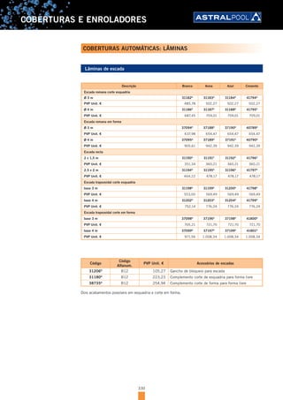 330
COBERTURAS E ENROLADORES
Lâminas de escada
Código
Código
Alfanum.
PVP Unit. € Acessórios de escadas
31206D
B12 105,27 Gancho de bloqueio para escada
31180D
B12 223,23 Complemento corte de esquadria para forma livre
38735D
B12 254,94 Complemento corte de forma para forma livre
Dois acabamentos possíveis em esquadria e corte em forma.
COBERTURAS AUTOMÁTICAS: LÂMINAS
Descrição Branco Areia Azul Cinzento
Escada romana corte esquadria
Ø 3 m 31182D
31183D
31184D
41794D
PVP Unit. € 485,78 502,27 502,27 502,27
Ø 4 m 31186D
31187D
31188D
41795D
PVP Unit. € 687,45 709,01 709,01 709,01
Escada romana em forma
Ø 3 m 37094D
37188D
37190D
40789D
PVP Unit. € 637,98 654,47 654,47 654,47
Ø 4 m 37095D
37189D
37191D
40790D
PVP Unit. € 905,61 942,39 942,39 942,39
Escada recta
2 x 1,5 m 31190D
31191D
31192D
41796D
PVP Unit. € 351,34 360,21 360,21 360,21
2,5 x 2 m 31194D
31195D
31196D
41797D
PVP Unit. € 464,22 478,17 478,17 478,17
Escada trapezoidal corte esquadria
base 3 m 31198D
31199D
31200D
41798D
PVP Unit. € 553,00 569,49 569,49 569,49
base 4 m 31202D
31203D
31204D
41799D
PVP Unit. € 752,14 776,24 776,24 776,24
Escada trapezoidal corte em forma
base 3 m 37098D
37196D
37198D
41800D
PVP Unit. € 705,21 721,70 721,70 721,70
base 4 m 37099D
37197D
37199D
41801D
PVP Unit. € 971,56 1.008,34 1.008,34 1.008,34
 