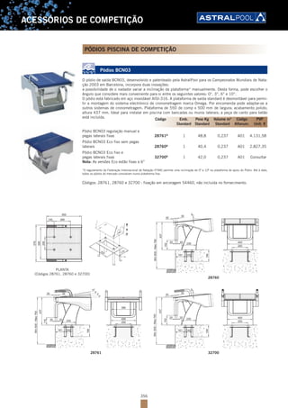 356
ACESSÓRIOS DE COMPETIÇÃO
PÓDIOS PISCINA DE COMPETIÇÃO
Pódios BCN03
O pódio de saída BCN03, desenvolvido e patenteado pela AstralPool para os Campeonatos Mundiais de Nata-
ção 2003 em Barcelona, incorpora duas inovações:
a possibilidade de o nadador variar a inclinação da plataforma* manualmente. Desta forma, pode escolher o
ângulo que considere mais conveniente para si entre os seguintes valores: 0°, 3°, 6° e 10°.
O pódio está fabricado em aço inoxidável AISI-316. A plataforma de saída standard é desmontável para permi-
tir a montagem do sistema electrónico de cronometragem marca Omega. Por encomenda pode adaptar-se a
outros sistemas de cronometragem. Plataforma de 550 de comp x 500 mm de largura; acabamento polido;
altura 437 mm. Ideal para instalar em piscina com bancadas ou muros laterais; a peça de canto para betão
está incluída.
Pódio BCN03 regulação manual e
pegas laterais fixas 28761B
1 48,8 0,237 A01 4.131,58
Pódio BCN03 Eco fixo sem pegas
laterais 28760B
1 40,4 0,237 A01 2.827,35
Pódio BCN03 Eco fixo e
pegas laterais fixas 32700B
1 42,0 0,237 A01 Consultar
Nota: As versões Eco estão fixas a 6°
*O regulamento da Federação Internacional de Natação (FINA) permite uma inclinação de 0º a 10º na plataforma de apoio do Pódio. Até à data,
todos os pódios do mercado consistiam numa plataforma fixa.
Códigos: 28761, 28760 e 32700 : fixação em ancoragem 54460, não incluida no fornecimento.
Código Emb. Peso Kg Volume m3
Código PVP
Standard Standard Standard Alfanum. Unit. €
28761 32700
380
161
481
100
250
734
057xaM-005niM
611
0°
3°
6°
10°
30 30
2020 230
400
481
400
250
675
005
550
120 260
002
320 170
28760
734
100161
251
6°
481
400230
057xaM-005niM
250
2020
30
30
PLANTA
(Códigos 28761, 28760 e 32700)
380
161
481
100
250
734
057xaM-005niM
611
0°
3°
6°
10°
30 30
2020 230
400
400
250
675
005
550
120 260
002
320 170
 