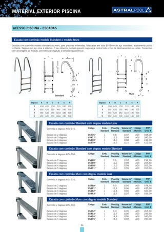 34
MATERIAL EXTERIOR PISCINA
ACESSO PISCINA - ESCADAS
Escada com corrimão modelo Standard e modelo Muro
Escadas com corrimão modelo standard ou muro, para piscinas enterradas, fabricadas em tubo Ø 43mm de aço inoxidável, acabamento polido
brilhante. Degraus em aço inox e plástico. O seu desenho cuidado garante segurança contra todo o tipo de deslizamentos ou cortes. Fornecidas
com ancoragens de fixação, previstos para ligação a tomada equipotencial.
Standard
Muro
Degraus A B C D E F
2 650 620 250 710 180 500
3 650 620 250 960 180 500
4 650 620 250 1210 180 500
5 650 620 250 1460 180 500
Degraus A B C D E F
2 350 620 250 710 180 500
3 350 620 250 960 180 500
4 350 620 250 1210 180 500
5 350 620 250 1460 180 500
Escada com corrimão Standard com degrau modelo Luxe
Corrimão e degraus AISI-316.
Escada de 2 degraus 05476A
1 9,8 0,07 A09 348,00
Escada de 3 degraus 05477A
1 11,5 0,08 A09 380,00
Escada de 4 degraus 05478A
1 14,0 0,08 A09 436,00
Escada de 5 degraus 05479A
1 15,0 0,10 A09 512,00
Escada com corrimão Standard com degrau modelo Standard
Corrimão e degraus AISI-304.
Escada de 2 degraus 05488A
1 9,6 0,07 A09 238,50
Escada de 3 degraus 05489A
1 12,0 0,08 A09 265,50
Escada de 4 degraus 05490A
1 15,0 0,09 A09 305,00
Escada de 5 degraus 05491A
1 15,0 0,09 A09 355,00
Escada com corrimão Muro com degrau modelo Luxe
Corrimão e degraus AISI-316.
Escada de 2 degraus 05480A
1 9,0 0,05 A09 378,00
Escada de 3 degraus 05481A
1 10,5 0,06 A09 435,00
Escada de 4 degraus 05482A
1 12,4 0,06 A09 500,00
Escada de 5 degraus 05483A
1 13,7 0,07 A09 556,00
Escada com corrimão Muro com degrau modelo Standard
Corrimão e degraus AISI-304.
Escada de 2 degraus 05492A
1 9,0 0,05 A09 265,50
Escada de 3 degraus 05493A
1 12,7 0,06 A09 295,50
Escada de 4 degraus 05494A
1 14,8 0,06 A09 340,00
Escada de 5 degraus 05495A
1 13,6 0,07 A09 390,00
Código Emb. Peso Kg Volume m3
Código PVP
Standard Standard Standard Alfanum. Unit. €
Código Emb. Peso Kg Volume m3
Código PVP
Standard Standard Standard Alfanum. Unit. €
Código Emb. Peso Kg Volume m3
Código PVP
Standard Standard Standard Alfanum. Unit. €
Código Emb. Peso Kg Volume m3
Código PVP
Standard Standard Standard Alfanum. Unit. €
 