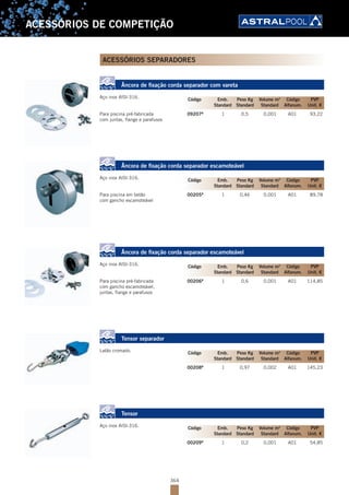 364
ACESSÓRIOS DE COMPETIÇÃO
ACESSÓRIOS SEPARADORES
Âncora de fixação corda separador com vareta
Aço inox AISI-316.
Para piscina pré-fabricada 09207B
1 0,5 0,001 A01 93,22
com juntas, flange e parafusos
Âncora de fixação corda separador escamoteável
Aço inox AISI-316.
Para piscina em betão 00205B
1 0,46 0,001 A01 89,78
com gancho escamoteável
Âncora de fixação corda separador escamoteável
Aço inox AISI-316.
Para piscina pré-fabricada 00206B
1 0,6 0,001 A01 114,85
com gancho escamoteável,
juntas, flange e parafusos
Tensor separador
Latão cromado.
00208B
1 0,97 0,002 A01 145,23
Tensor
Aço inox AISI-316.
00209B
1 0,2 0,001 A01 54,85
Código Emb. Peso Kg Volume m3
Código PVP
Standard Standard Standard Alfanum. Unit. €
Código Emb. Peso Kg Volume m3
Código PVP
Standard Standard Standard Alfanum. Unit. €
Código Emb. Peso Kg Volume m3
Código PVP
Standard Standard Standard Alfanum. Unit. €
Código Emb. Peso Kg Volume m3
Código PVP
Standard Standard Standard Alfanum. Unit. €
Código Emb. Peso Kg Volume m3
Código PVP
Standard Standard Standard Alfanum. Unit. €
 