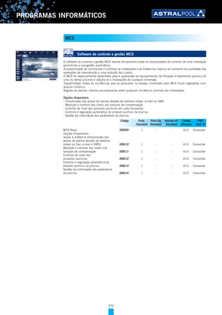 372
PROGRAMAS INFORMÁTICOS
Software de controlo e gestão MCS
O software de controlo e gestão MCS resolve eficazmente todas as necessidades de controlo de uma instalação
permitindo a sua gestão automática.
A possibilidade de monitorizar e controlar as instalações e as distâncias implica um aumento da qualidade das
operações de manutenção e uma redução dos custos.
O MCS foi especialmente desenhado para a supervisão de equipamentos de filtração e tratamento químico de
uma ou várias piscinas e adapta-se a instalações de qualquer dimensão.
Traçabilidade: todas as incidências que se produzem no espaço controlado pelo MCS ficam registadas num
arquivo histórico.
Registo de alarme: informa pontualmente sobre qualquer incidência ocorrida nas instalações.
Opções disponíveis:
- Transmissão dos avisos de alarme através de telefone móvel, e-mail ou SMS
- Medição e controlo dos níveis dos tanques de compensação
- Controlo de nível dos produtos químicos em cada recipiente
- Controlo e regulação automática do produto químico na piscina
- Gestão da informação dos parâmetros da piscina.
MCS Basic 28809I
1 - - A13 Consultar
Opções Disponíveis:
avisos à distância (transmissão dos
avisos de alarme através de telefone
móvel ou fixo, e-mail e SMS) 28810I
1 - - A13 Consultar
Medição e controlo dos níveis nos
tanques de compensação 28811I
1 - - A13 Consultar
Controlo de nível dos
produtos químicos 28812I
1 - - A13 Consultar
Controlo e regulação automática do
produto químico na piscina 28813I
1 - - A13 Consultar
Gestão da informação dos parâmetros
da piscina 28814I
1 - - A13 Consultar
Código Emb. Peso Kg Volume m3
Código PVP
Standard Standard Standard Alfanum. Unit. €
372
MCS
 