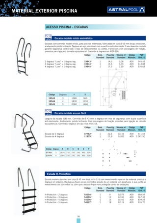 36
MATERIAL EXTERIOR PISCINA
Escada modelo misto assimétrico
Escadas com corrimão modelo misto, para piscinas enterradas, fabricadas em tubo Ø 43 mm de aço inoxidável,
acabamento polido brilhante. Degraus em aço inoxidável com superfície anti-deslizante. O seu desenho cuidado
garante segurança contra todo o tipo de deslizamentos ou cortes. Fornecidas com ancoragens de fixação,
previstos para ligação a tomada equipotencial. Corrimão e degraus em AISI-316.
2 degraus “Luxe” + 1 degrau seg. 19943A
1 14,0 0,08 A09 545,43
3 degraus “Luxe” + 1 degrau seg. 19944A
1 15,6 0,09 A09 613,88
4 degraus “Luxe” + 1 degrau seg. 19945A
1 17,5 0,10 A09 676,68
Código Degraus A B
19943 3 1580 960
19944 4 1830 1210
19945 5 2080 1460
500
A
8 Máx.
B
350
180
250
192
738
920
620
Escada modelo acesso fácil
Largura da escada 500 mm. Corrimão de Ø 43 mm e degraus em inox de segurança com dupla superfície
anti-deslizante. Acabamento polido brilhante. Com ancoragens de fixação previstas para ligação ao circuito
equipotencial. Corrimão e degraus em aço inox AISI-316.
Escada de 3 degraus 07782A
1 21,6 0,145 A09 911,55
Escada de 4 degraus 11979A
1 25,9 0,202 A09 1.081,50
Código Degraus A B C D E F
07782 3 1835 750 250 243 490 500
11979 4 2085 750 250 243 490 500
Escada H-Protection
Escada modelo standard em tubo Ø 43 mm Inox. AISI-316 com revestimento especial de material plástico e
degraus em plástico. Os degraus fixam-se aos corrimãos através de um sistema sem parafusos, o que, junto ao
revestimento dos corrimãos faz com que a escada fique mais protegida contra as oxidações.
H-Protection - 2 degraus 54104A
1 9 0,073 A09 684,95
H-Protection - 3 degraus 54105A
1 12 0,100 A09 767,35
H-Protection - 4 degraus 54106A
1 15 0,100 A09 839,45
H-Protection - 5 degraus 54107A
1 18 0,116 A09 916,70
Código Emb. Peso Kg Volume m3
Código PVP
Standard Standard Standard Alfanum. Unit. €
Código Emb. Peso Kg Volume m3
Código PVP
Standard Standard Standard Alfanum. Unit. €
Código Emb. Peso Kg Volume m3
Código PVP
Standard Standard Standard Alfanum. Unit. €
ACESSO PISCINA - ESCADAS
 