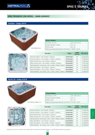 379
SPAS E SAUNAS
SPAS PRIVADOS COM MÓVEL - GAMA ADVANCE
Reservamo-nos o direito de modificar, total ou parcialmente, as características dos nossos produtos e o conteúdo deste documento sem aviso prévio.
Pacific 50 - Código 41618
FICHA TÉCNICA
Dimensões cm (±2m) 216 x 198 x 90 cm
Posições (Assentos / Camas) 6 (5 / 1)
Número de jets 42 + 10
Potência necessária baixa Amp (W) / (A) a 230 V 5.155 W - 22,4 ACOR PÉROLA CAMEO (72)
Descrição Código
Código
Alfanum.
PVP Unit. €
Estrutura metálica + Jets cromados + Cobertura 41618L4300E
l02 12.240,00
Estrutura metálica + Jets cromados + LumiPlus + Cobertura 41618L4320E
l02 12.495,00
Móvel Antracite Grey + Jets cromados + Cobertura 41618LK300E
l02 12.750,00
Móvel Antracite Grey + Jets cromados + ECOSpa + Cobertura 41618LK305E
l02 13.280,40
Móvel Antracite Grey + Jets cromados + audio + LumiPlus + ECOSpa + Cobertura 41618LK334E
l02 14.790,00
Móvel NaturalWood + Jets cromados + Cobertura 41618LM300E
l02 12.750,00
Móvel NaturalWood + Jets cromados + ECOSpa + Cobertura 41618LM305E
l02 13.280,40
Móvel NaturalWood + Jets cromados + audio + LumiPlus + ECOSpa + Cobertura 41618LM334E
l02 14.790,00
Evolution - Código 32474
Descrição Código
Código
Alfanum.
PVP Unit. €
Estrutura metálica + Jets cromados + Cobertura 32474L4300E
l02 16.830,00
Estrutura metálica + Jets cromados + LumiPlus + Cobertura 32474L4320E
l02 17.085,00
Móvel Antracite Grey + Jets cromados + Cobertura 32474LK300E
l02 17.340,00
Móvel Antracite Grey + Jets cromados + ECOSpa + Cobertura 32474LK305E
l02 17.977,50
MóvelAntraciteGrey+Jetscromados+audio+LumiPlus+ECOSpa+Cobertura 32474LK334E
l02 19.380,00
Móvel NaturalWood + Jets cromados + Cobertura 32474LM300E
l02 17.340,00
Móvel NaturalWood + Jets cromados + ECOSpa + Cobertura 32474LM305E
l02 17.977,50
Móvel NaturalWood + Jets cromados + audio + LumiPlus + ECOSpa + Cobertura 32474LM334E
l02 19.380,00
FICHA TÉCNICA
Dimensões cm (±2m) 233 x 233 x 91 cm
Posições (Assentos / Camas) 5 (3 / 2)
Número de jets 48 + 24
Potência necessária baixa Amp (W) / (A) a 230 V 7.458 W - 32,4 A
COR BRANCO (44)
SPASESAUNAS
 