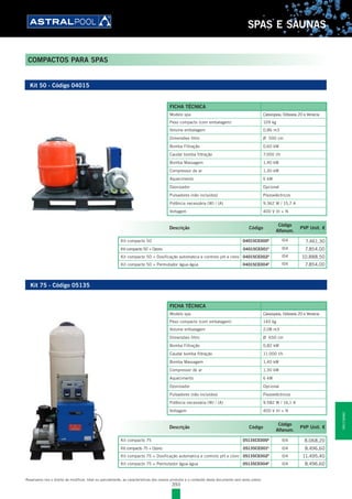 393
SPAS E SAUNAS
Reservamo-nos o direito de modificar, total ou parcialmente, as características dos nossos produtos e o conteúdo deste documento sem aviso prévio.
COMPACTOS PARA SPAS
Kit 50 - Código 04015
Kit 75 - Código 05135
Descrição Código
Código
Alfanum.
PVP Unit. €
Kit compacto 50 04015CE000E l04 7.461,30
Kit compacto 50 + Ozono 04015CE001E l04 7.854,00
Kit compacto 50 + Dosificação automatica e controlo pH e cloro 04015CE002E l04 10.888,50
Kit compacto 50 + Permutador água-água 04015CE004E l04 7.854,00
Descrição Código
Código
Alfanum.
PVP Unit. €
Kit compacto 75 05135CE000E
l04 8.068,20
Kit compacto 75 + Ozono 05135CE001E
l04 8.496,60
Kit compacto 75 + Dosificação automatica e controlo pH e cloro 05135CE002E
l04 11.495,40
Kit compacto 75 + Permutador água-água 05135CE004E
l04 8.496,60
FICHA TÉCNICA
Modelo spa Cassiopeia, Odisseia 20 e Venecia
Peso compacto (com embalagem) 109 kg
Volume embalagem 0,86 m3
Dimensões filtro Ø 500 cm
Bomba Filtração 0,60 kW
Caudal bomba filtração 7.000 l/h
Bomba Massagem 1,40 kW
Compressor de ar 1,30 kW
Aquecimento 6 kW
Ozonizador Opcional
Pulsadores (não incluídos) Piezoeléctricos
Potência necessária (W) / (A) 9.362 W / 15,7 A
Voltagem 400 V III + N
FICHA TÉCNICA
Modelo spa Cassiopeia, Odisseia 20 e Venecia
Peso compacto (com embalagem) 140 kg
Volume embalagem 2,08 m3
Dimensões filtro Ø 650 cm
Bomba Filtração 0,82 kW
Caudal bomba filtração 11.000 l/h
Bomba Massagem 1,40 kW
Compressor de ar 1,30 kW
Aquecimento 6 kW
Ozonizador Opcional
Pulsadores (não incluídos) Piezoeléctricos
Potência necessária (W) / (A) 9.582 W / 16,1 A
Voltagem 400 V III + N
SPASESAUNAS
 