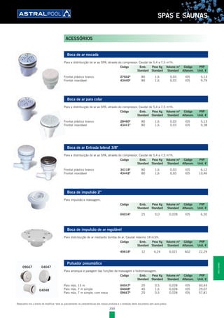 399
SPAS E SAUNAS
Boca de ar roscada
Para a distribuição de ar ao SPA, através do compressor. Caudal de 5,4 a 7,5 m3
/h.
Frontal plástico branco 27602E
80 1,6 0,03 I05 5,13
Frontal inoxidável 43440E
80 1,6 0,03 I05 9,79
Boca de ar para colar
Para a distribuição de ar ao SPA, através do compressor. Caudal de 5,4 a 7,5 m3
/h.
Frontal plástico branco 28460E
80 1,6 0,03 I05 5,13
Frontal inoxidável 43441E
80 1,6 0,03 I05 9,38
Boca de ar Entrada lateral 3/8"
Para a distribuição de ar ao SPA, através do compressor. Caudal de 5,4 a 7,5 m3
/h.
Frontal plástico branco 34318E
80 1,6 0,03 I05 6,12
Frontal inoxidável 43442E
80 1,6 0,03 I05 10,46
Boca de impulsão 2”
Para impulsão e massagem.
04034E
25 5,0 0,028 I05 6,50
Boca de impulsão de ar regulável
Para distribuição de ar mediante bomba de ar. Caudal máximo 18 m3/h.
49818E
12 4,24 0,021 A02 22,29
Pulsador pneumático
Para arranque e paragem das funções de massagem e hidromassagem.
Para máx. 15 m 04047E
20 0,5 0,028 I05 60,44
Para máx. 7 m simple 04048E
40 1,6 0,028 I05 29,07
Para máx. 7 m simple, com rosca 09667E
20 0,5 0,028 I05 57,81
Código Emb. Peso Kg Volume m3
Código PVP
Standard Standard Standard Alfanum. Unit. €
Código Emb. Peso Kg Volume m3
Código PVP
Standard Standard Standard Alfanum. Unit. €
Código Emb. Peso Kg Volume m3
Código PVP
Standard Standard Standard Alfanum. Unit. €
Código Emb. Peso Kg Volume m3
Código PVP
Standard Standard Standard Alfanum. Unit. €
Código Emb. Peso Kg Volume m3
Código PVP
Standard Standard Standard Alfanum. Unit. €
09667 04047
04048
09667 04047
04048
Código Emb. Peso Kg Volume m3
Código PVP
Standard Standard Standard Alfanum. Unit. €
ACESSÓRIOS
Reservamo-nos o direito de modificar, total ou parcialmente, as características dos nossos produtos e o conteúdo deste documento sem aviso prévio.
SPASESAUNAS
 